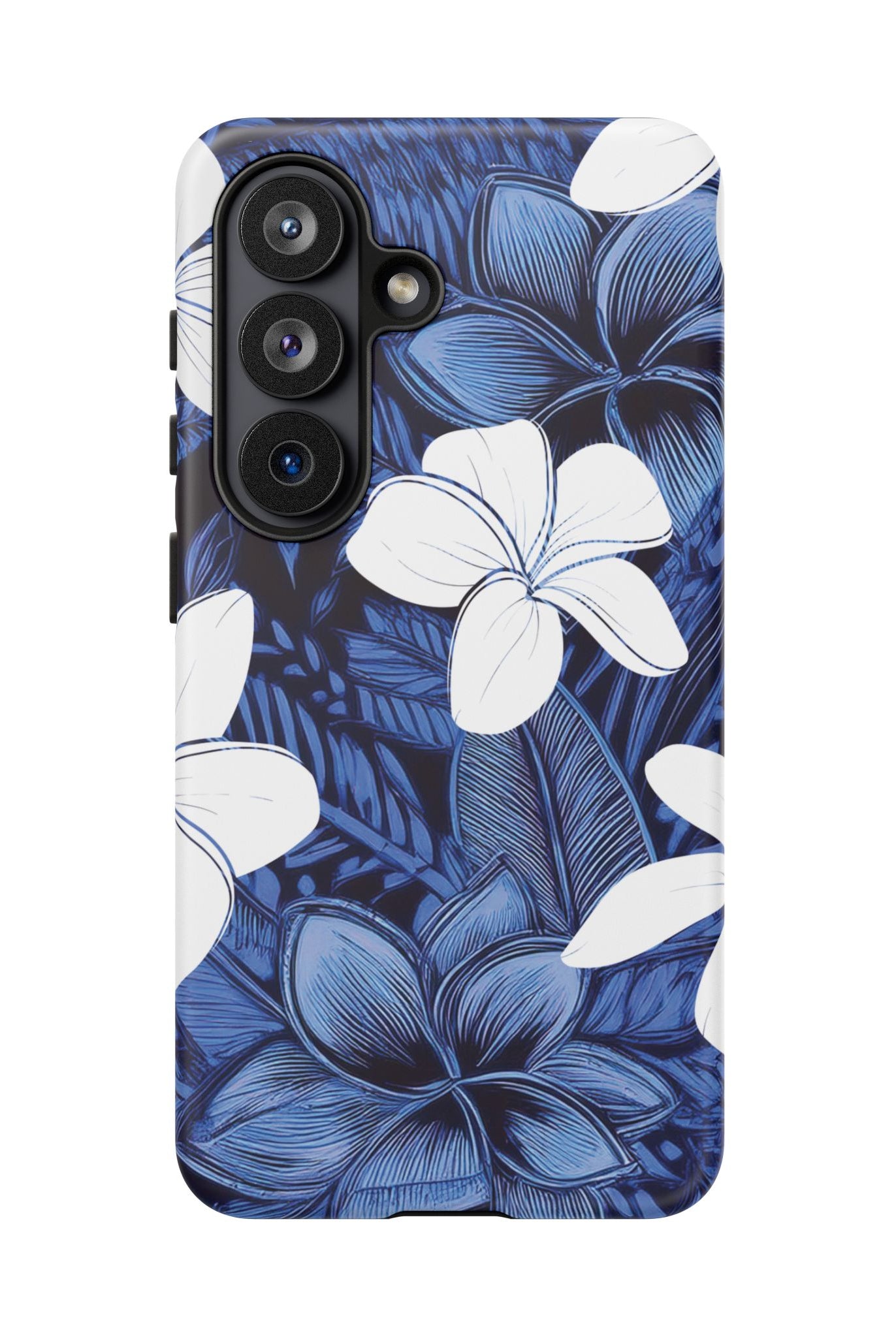 Eternal Blue Plumeria Tough Samsung Galaxy Case Side View - Dual Layer Drop Protection Hawaiian Phone Case - The Local Banyan