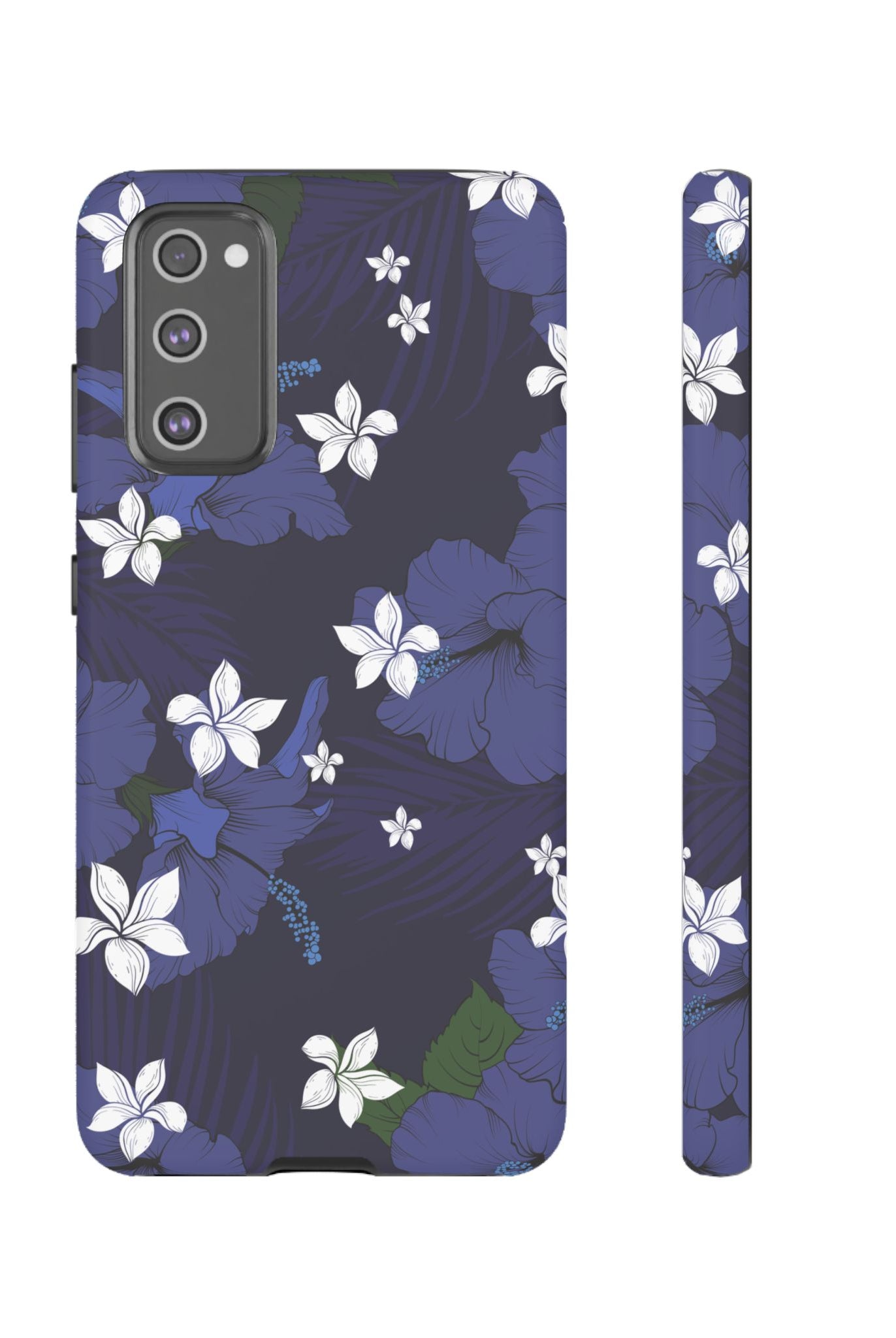 Vintage Blue Tough Samsung Galaxy Case Samsung Galaxy S20 FE Matte - Hawaiian Indigo Hibiscus White Plumeria Design - The Local Banyan