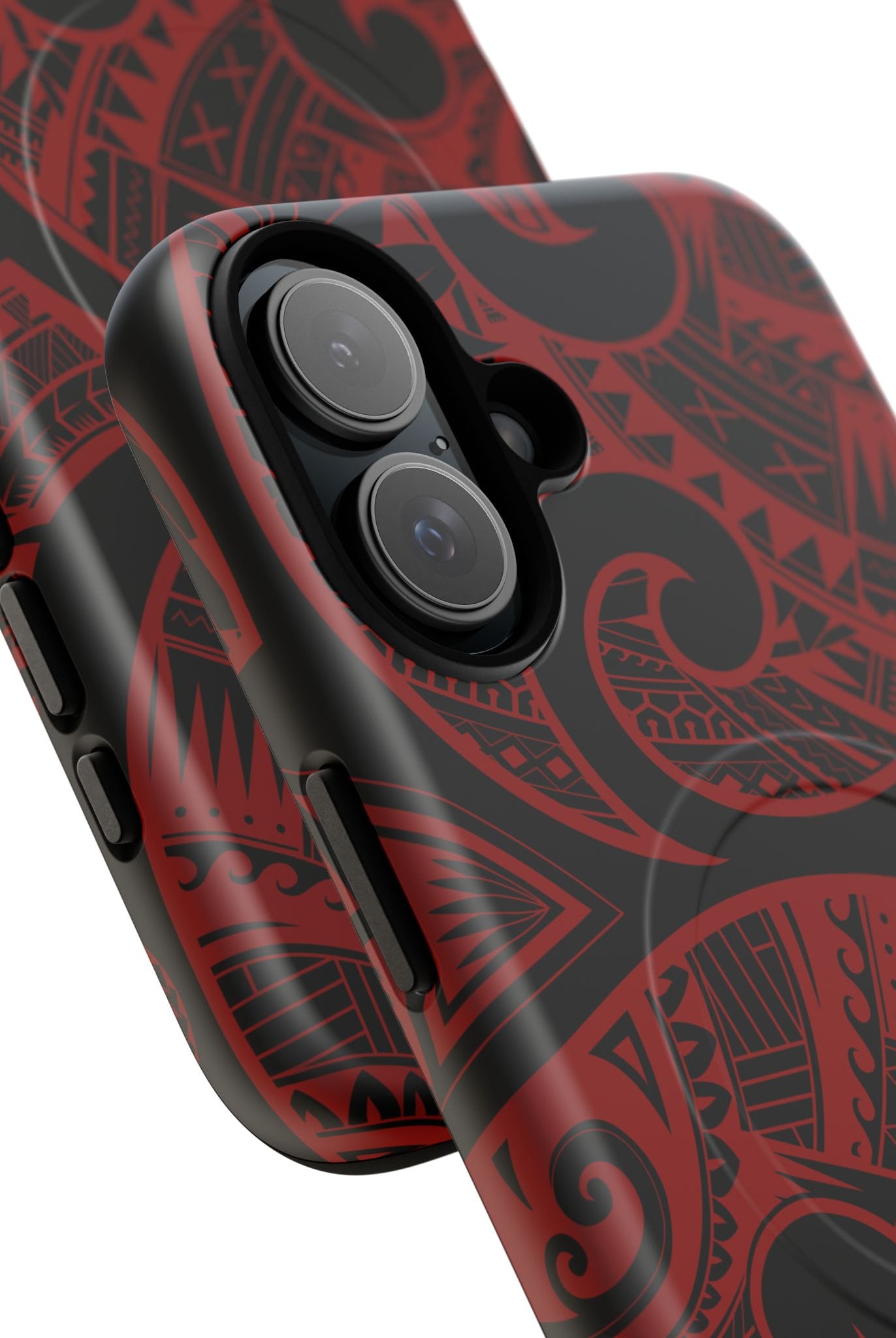 Woman holding Island Tribal MagSafe iPhone Case - Hawaiian Crimson Red Polynesian Tribal Design - The Local Banyan