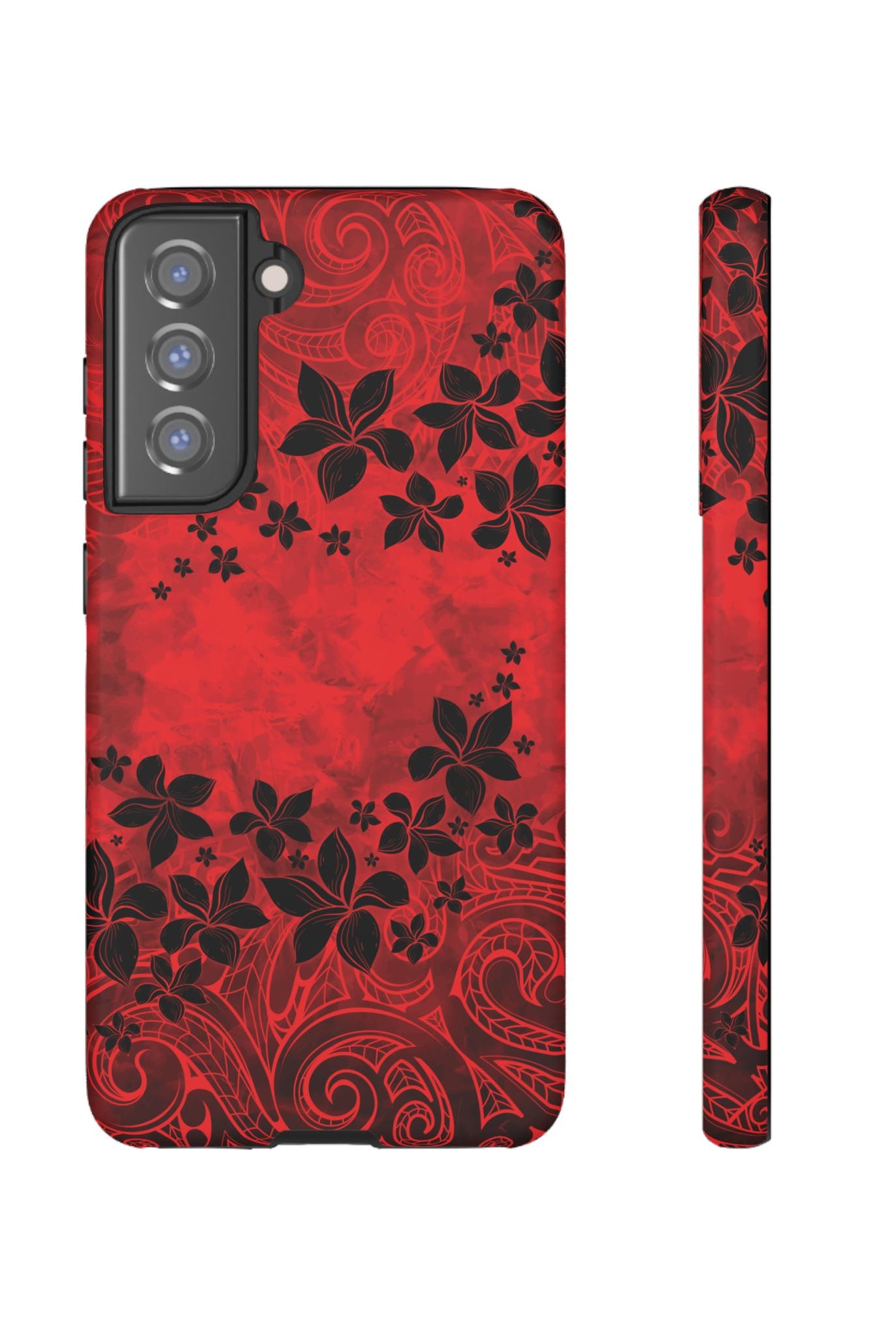 Keahi Pua Tough Samsung Galaxy Case Samsung Galaxy S21 FE Matte - Hawaiian Fire Flower Red Tribal Floral Design - The Local Banyan