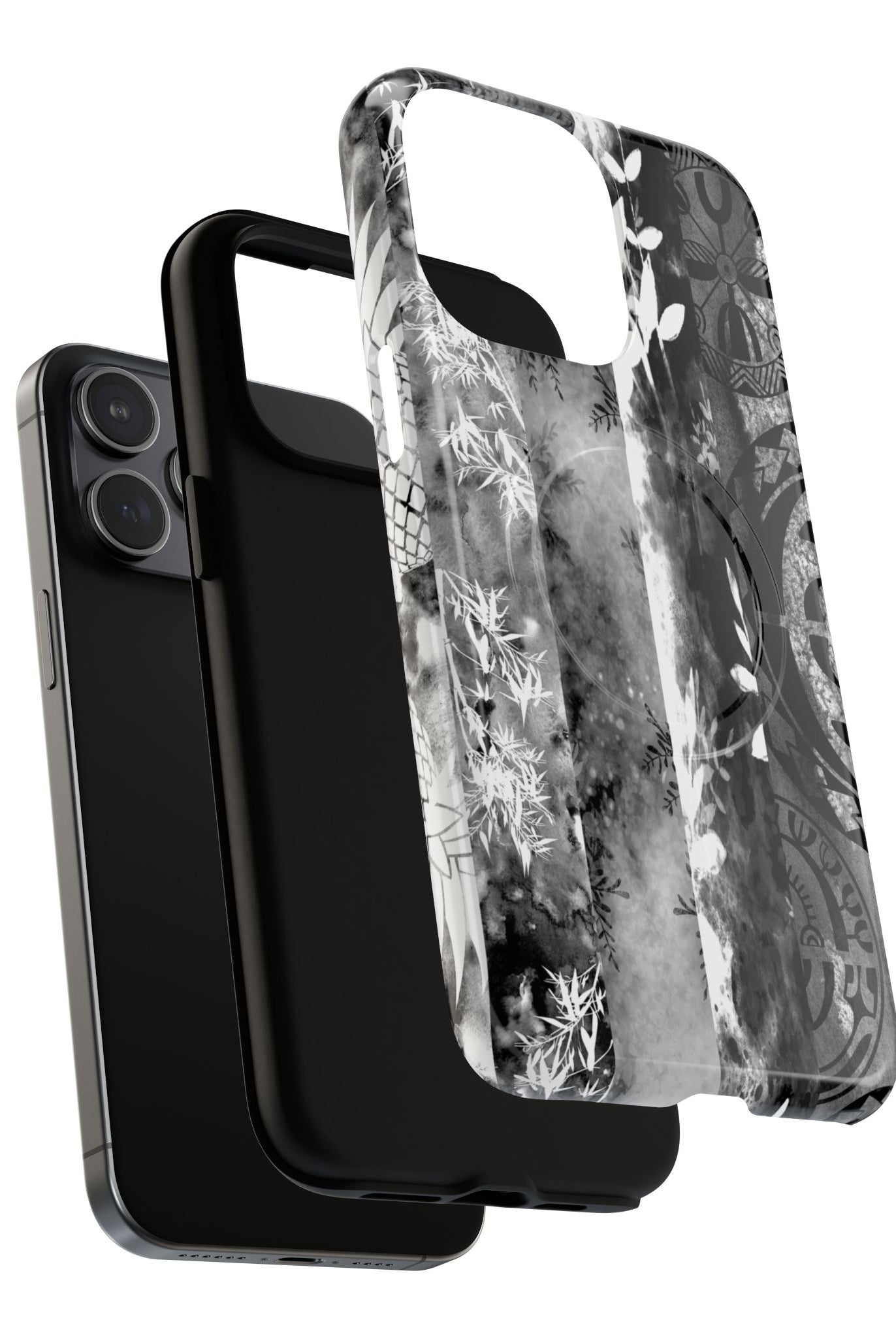 Woman holding Monochrome Oasis MagSafe iPhone Case - Hawaiian Black White Botanical Tribal Design - The Local Banyan