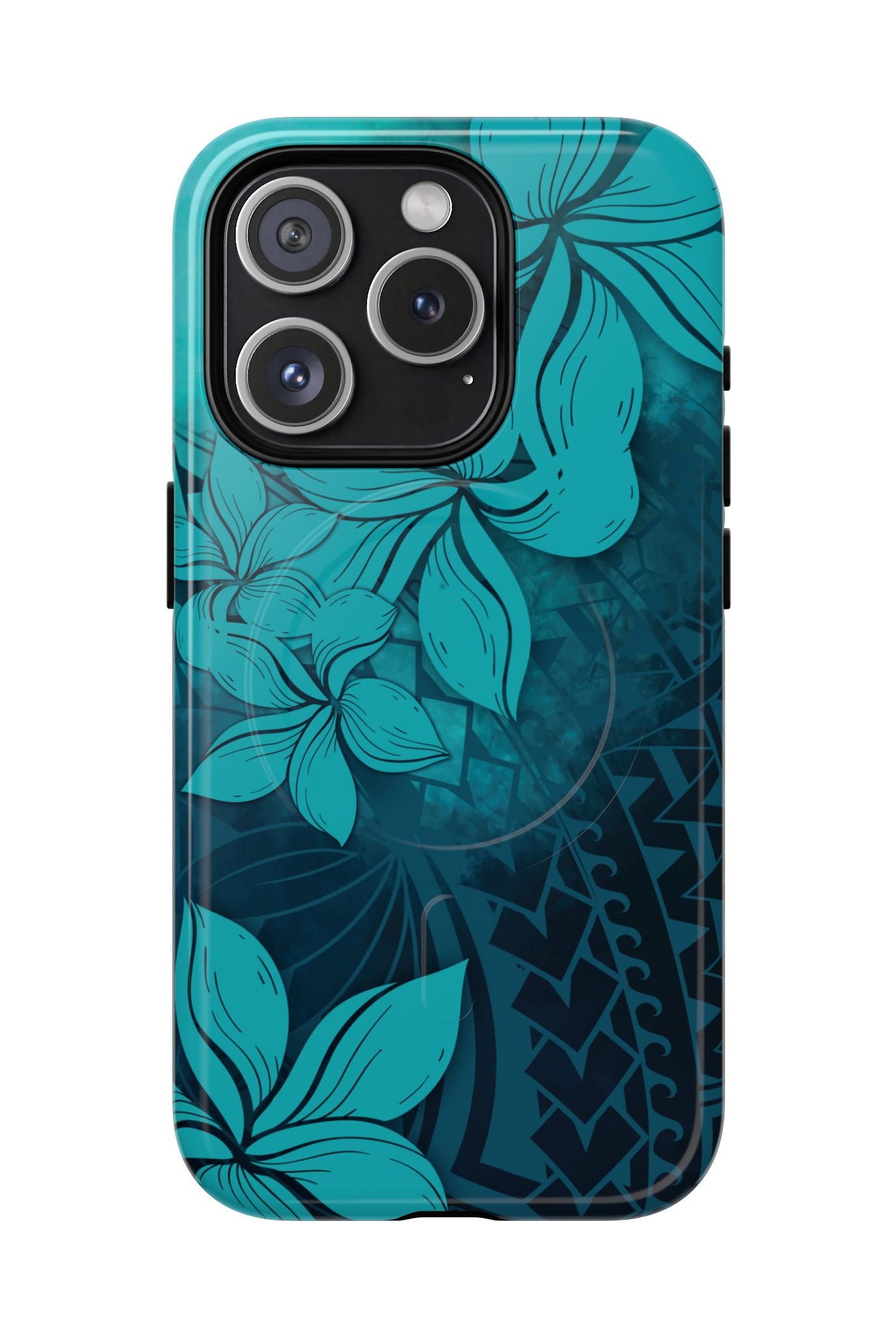 Moana Bloom MagSafe iPhone Case iPhone 15 Pro Glossy - Hawaiian Teal Plumeria Ocean Tribal Design - The Local Banyan