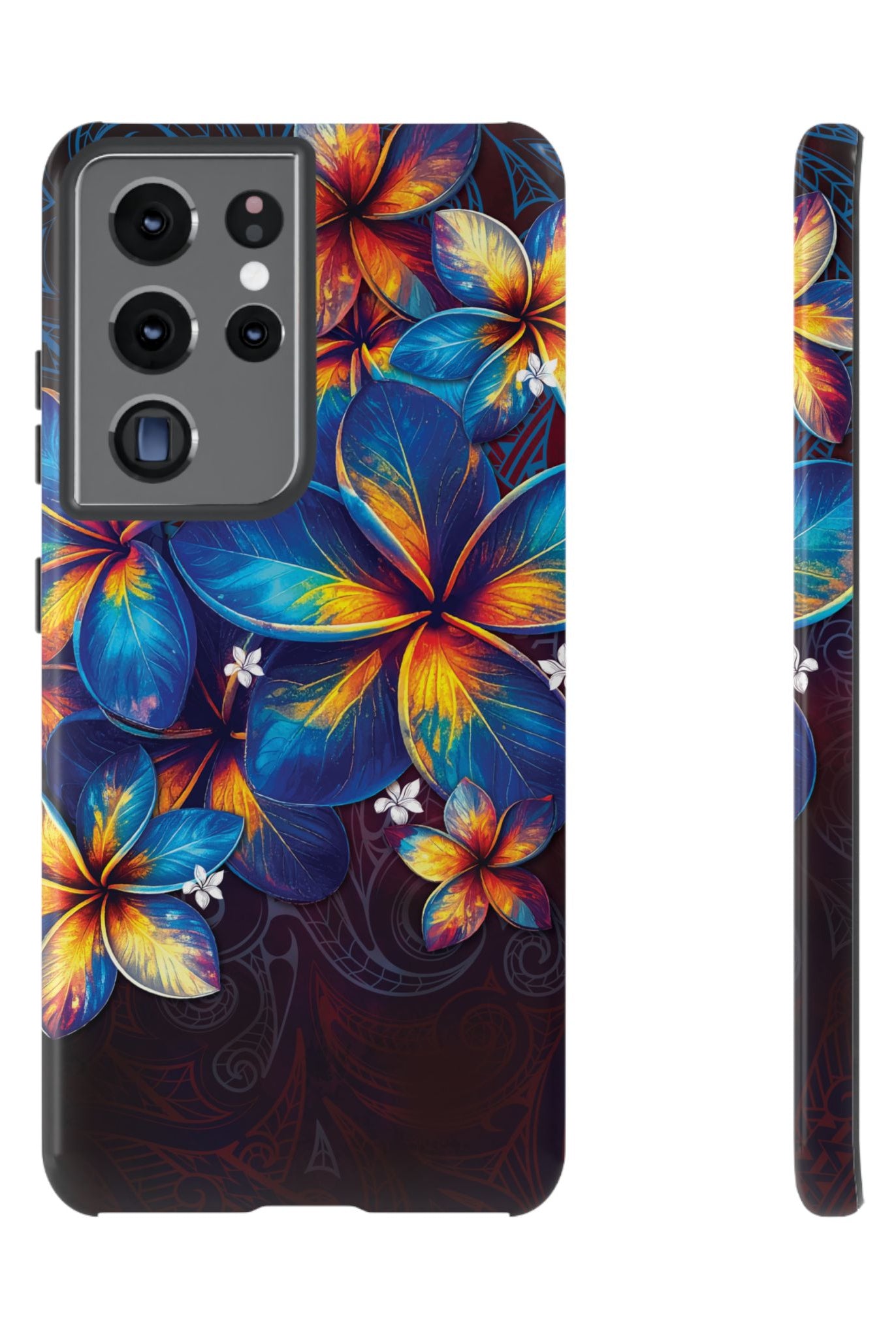 Nohea Twilight Tough Samsung Galaxy Case Samsung Galaxy S21 Ultra Glossy - Hawaiian Blue Orange Plumeria Twilight Design - The Local Banyan