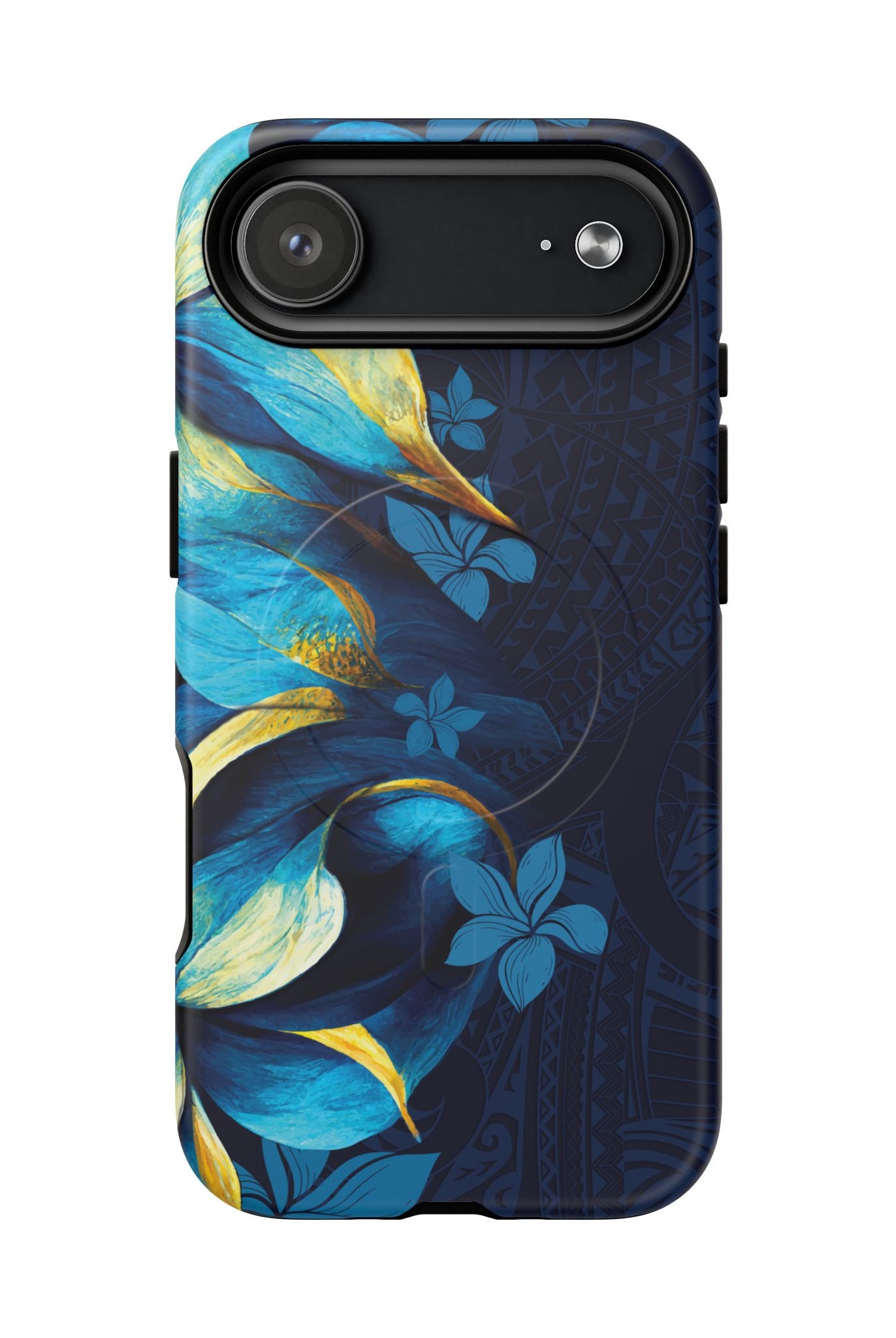 Woman holding Po Mahina MagSafe iPhone Case - Hawaiian Moonlit Teal Gold Floral Design - The Local Banyan