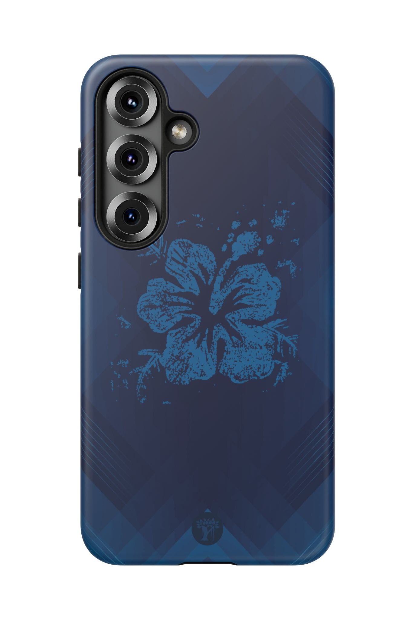 Woman holding Kikokiko Lehua Tough Samsung Galaxy Case - Hawaiian Navy Blue Geometric Hibiscus Design - The Local Banyan