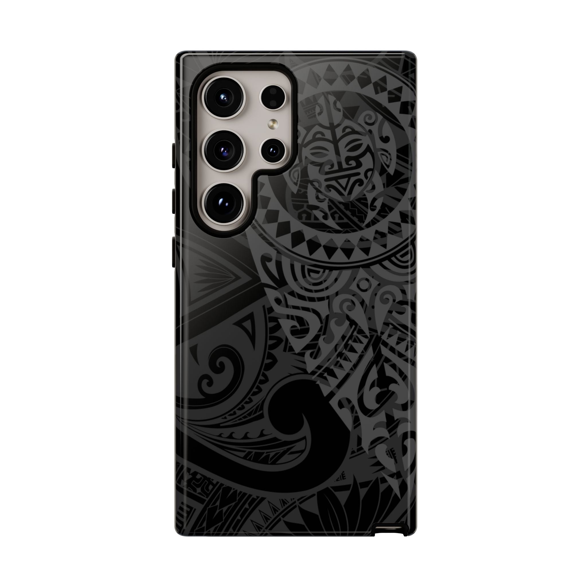 Woman holding Tribal Guardian Tough Samsung Galaxy Case - Hawaiian Black on Black Polynesian Tribal Design - The Local Banyan