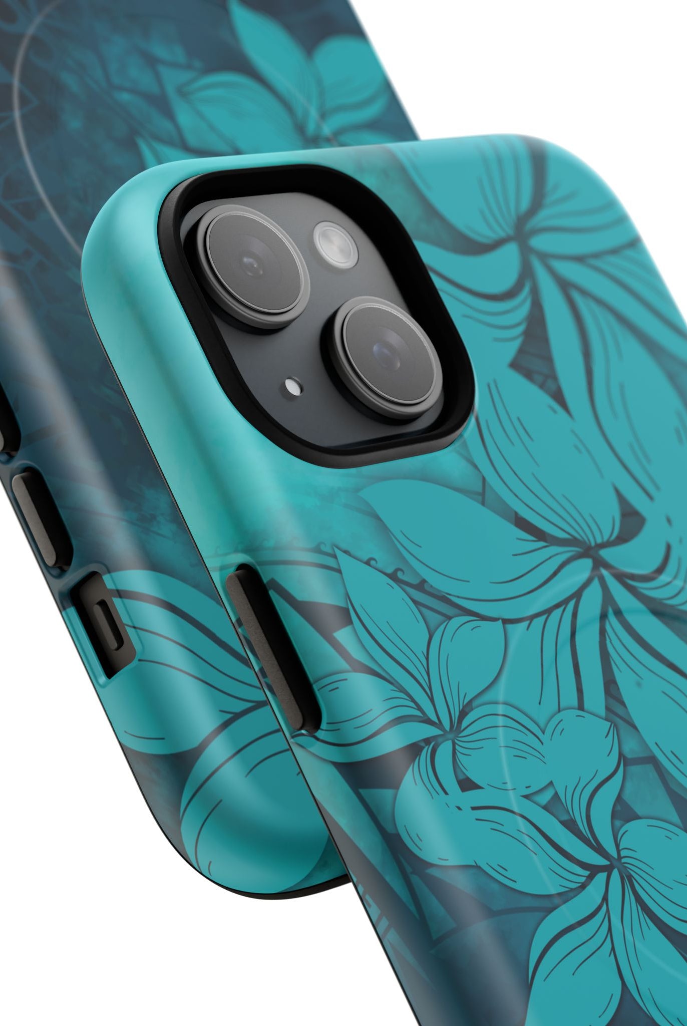 Woman holding Moana Bloom MagSafe iPhone Case - Hawaiian Teal Plumeria Ocean Tribal Design - The Local Banyan
