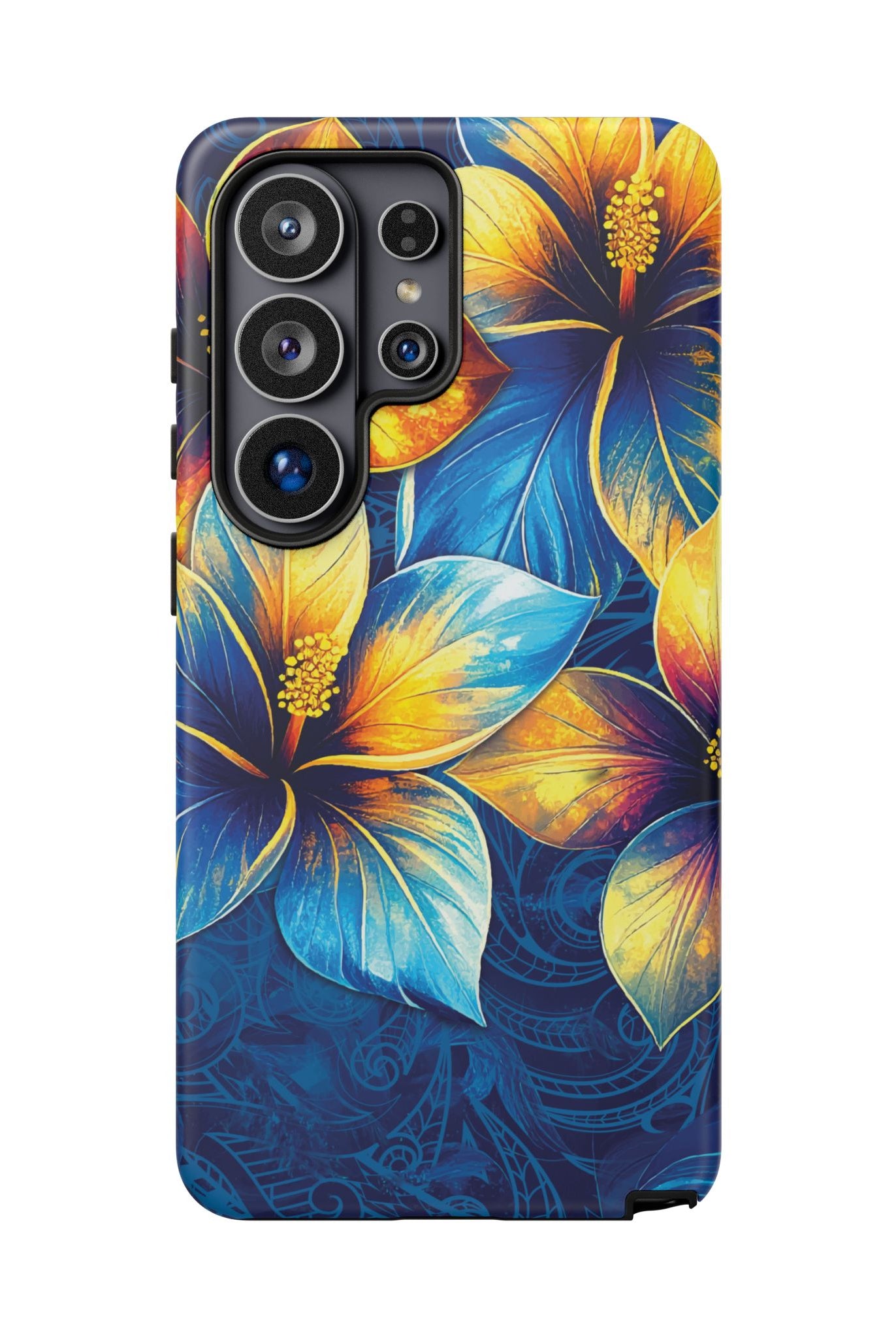 Woman holding Pua La Tough Samsung Galaxy Case - Hawaiian Golden Hibiscus Sun Flower Sapphire Design - The Local Banyan