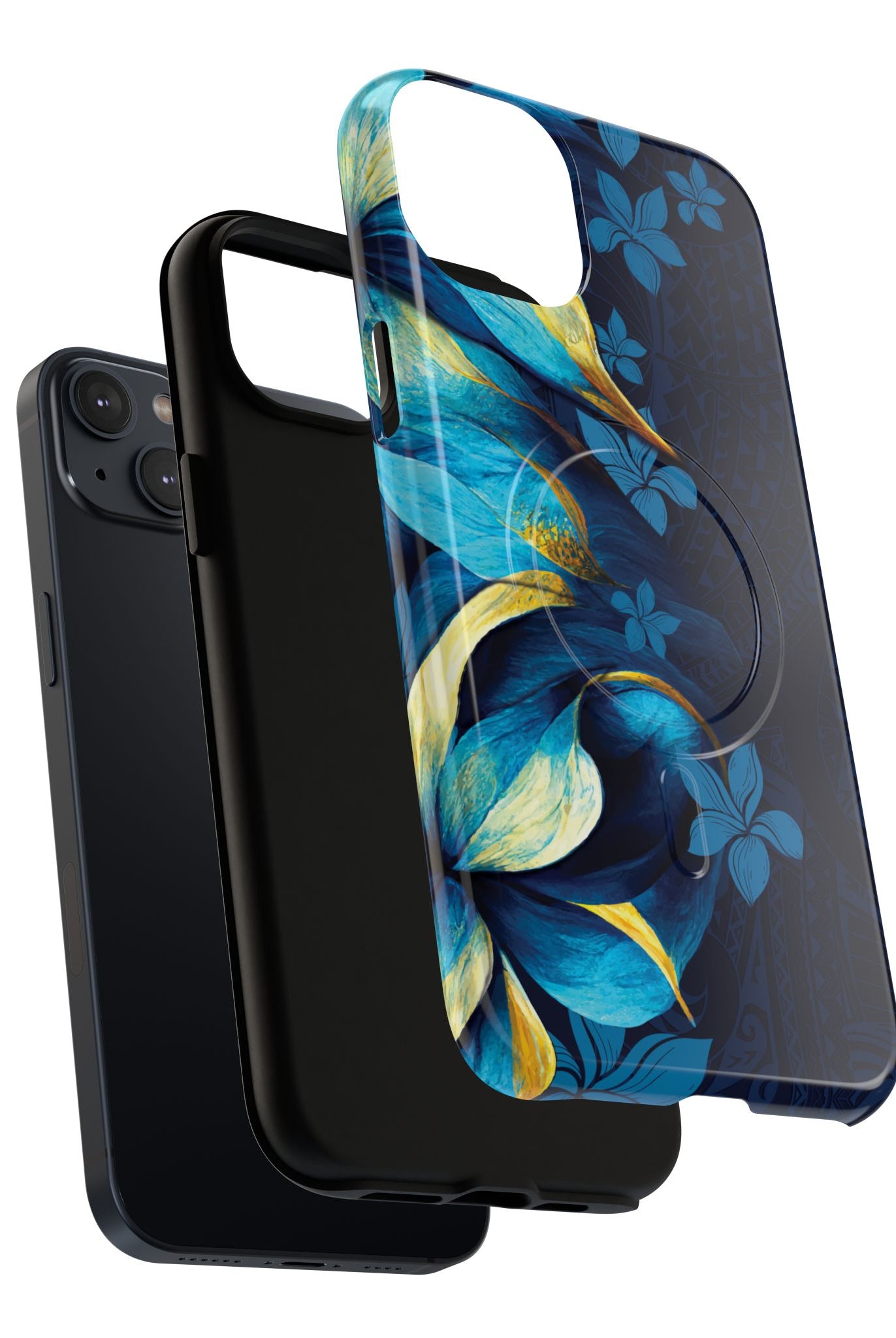 Woman holding Po Mahina MagSafe iPhone Case - Hawaiian Moonlit Teal Gold Floral Design - The Local Banyan