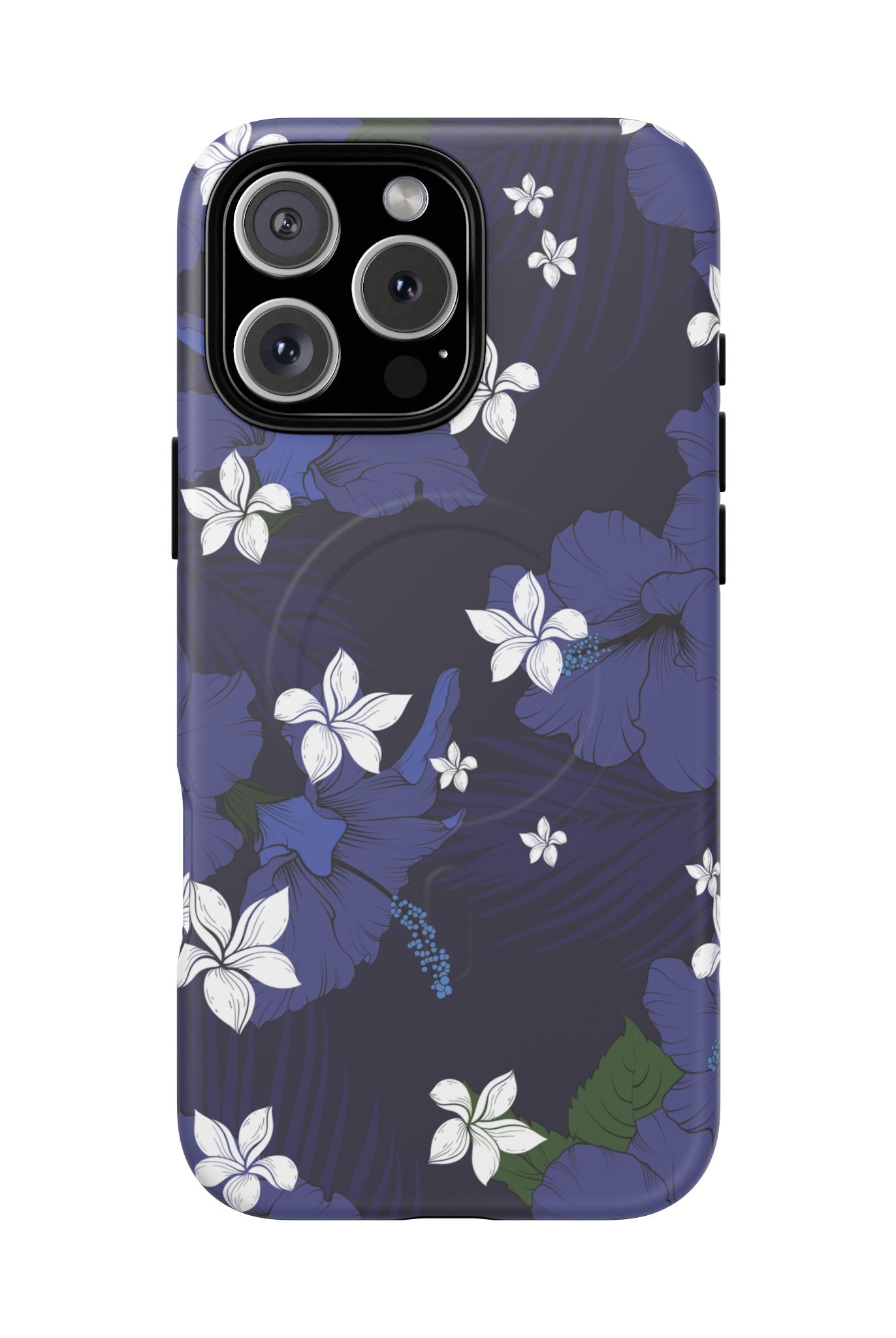 Vintage Blue MagSafe iPhone Case iPhone 16 Pro Max Matte - Hawaiian Indigo Hibiscus White Plumeria Design - The Local Banyan