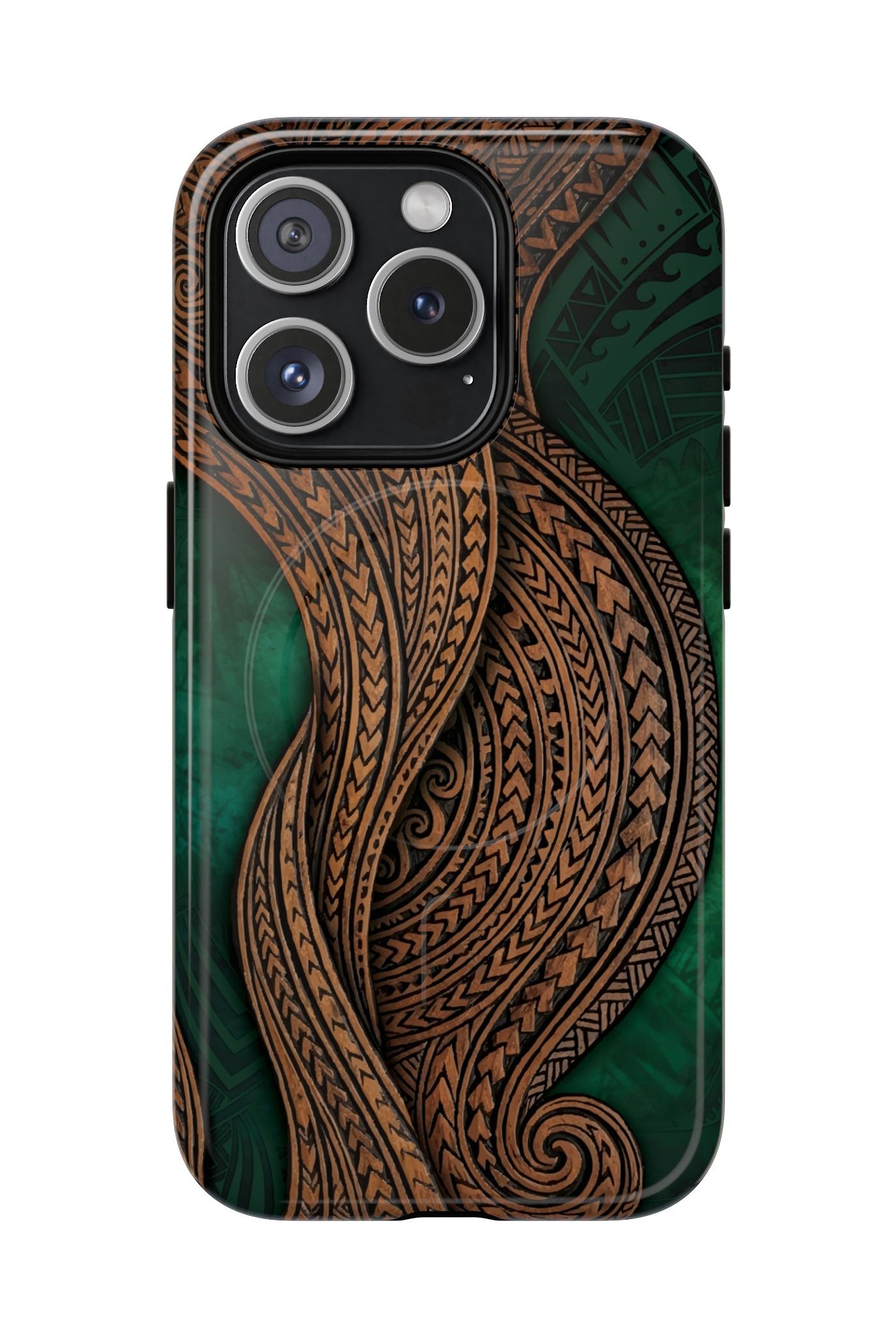Island Kalai MagSafe iPhone Case iPhone 15 Pro Glossy - Hawaiian Carved Wood Grain Emerald Green Tribal Design - The Local Banyan