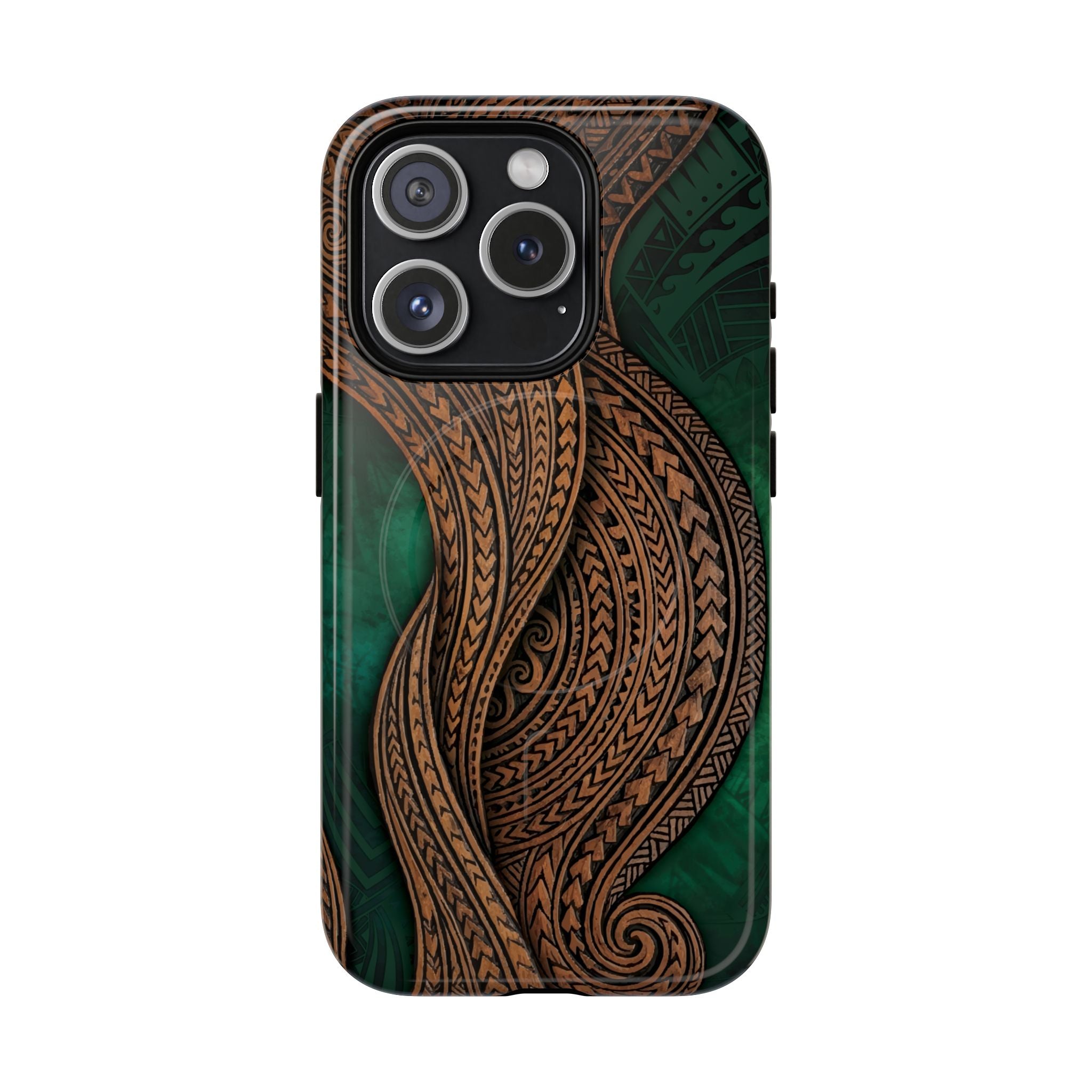 Island Kalai MagSafe iPhone Case iPhone 15 Pro Glossy - Hawaiian Carved Wood Grain Emerald Green Tribal Design - The Local Banyan