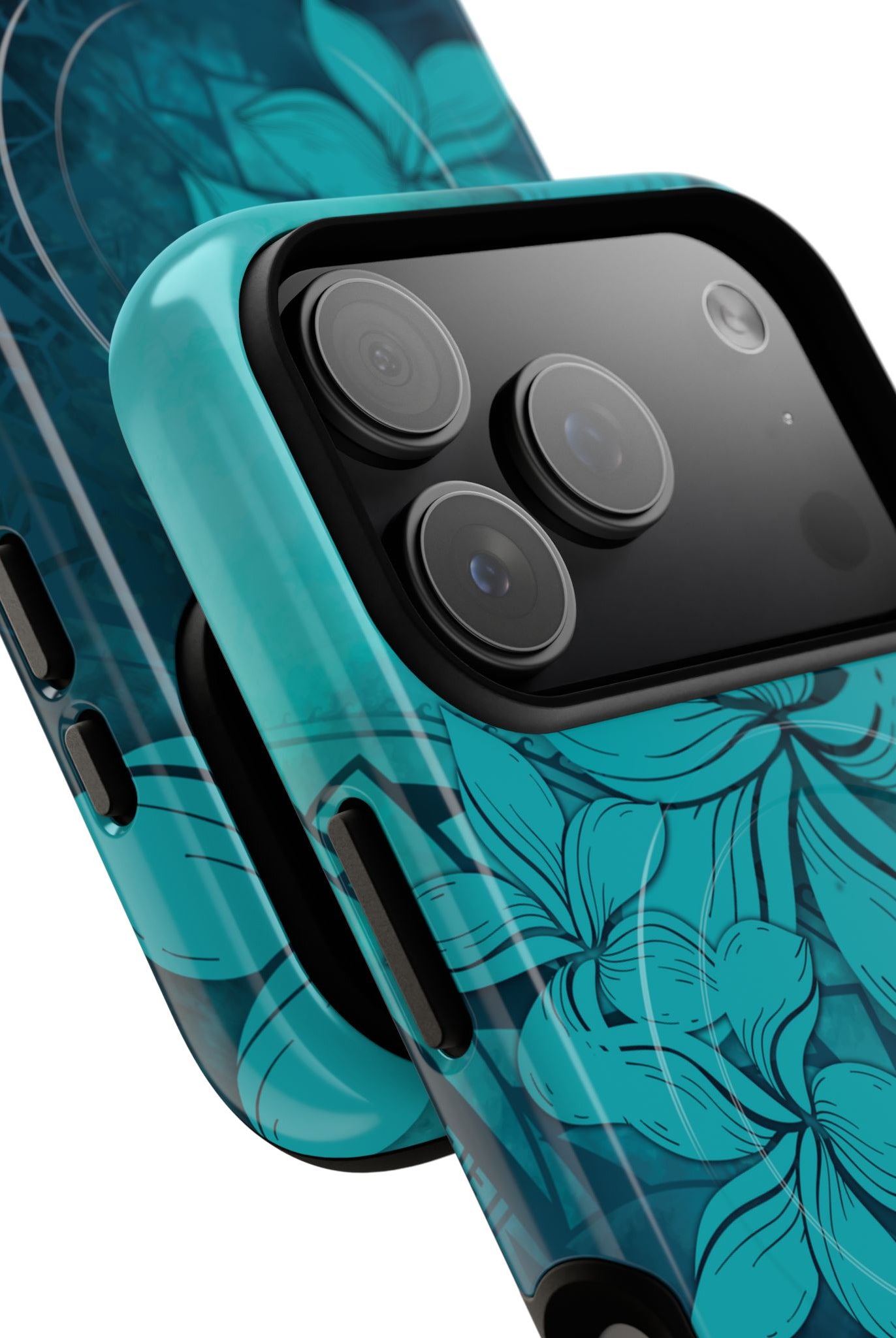 Woman holding Moana Bloom MagSafe iPhone Case - Hawaiian Teal Plumeria Ocean Tribal Design - The Local Banyan