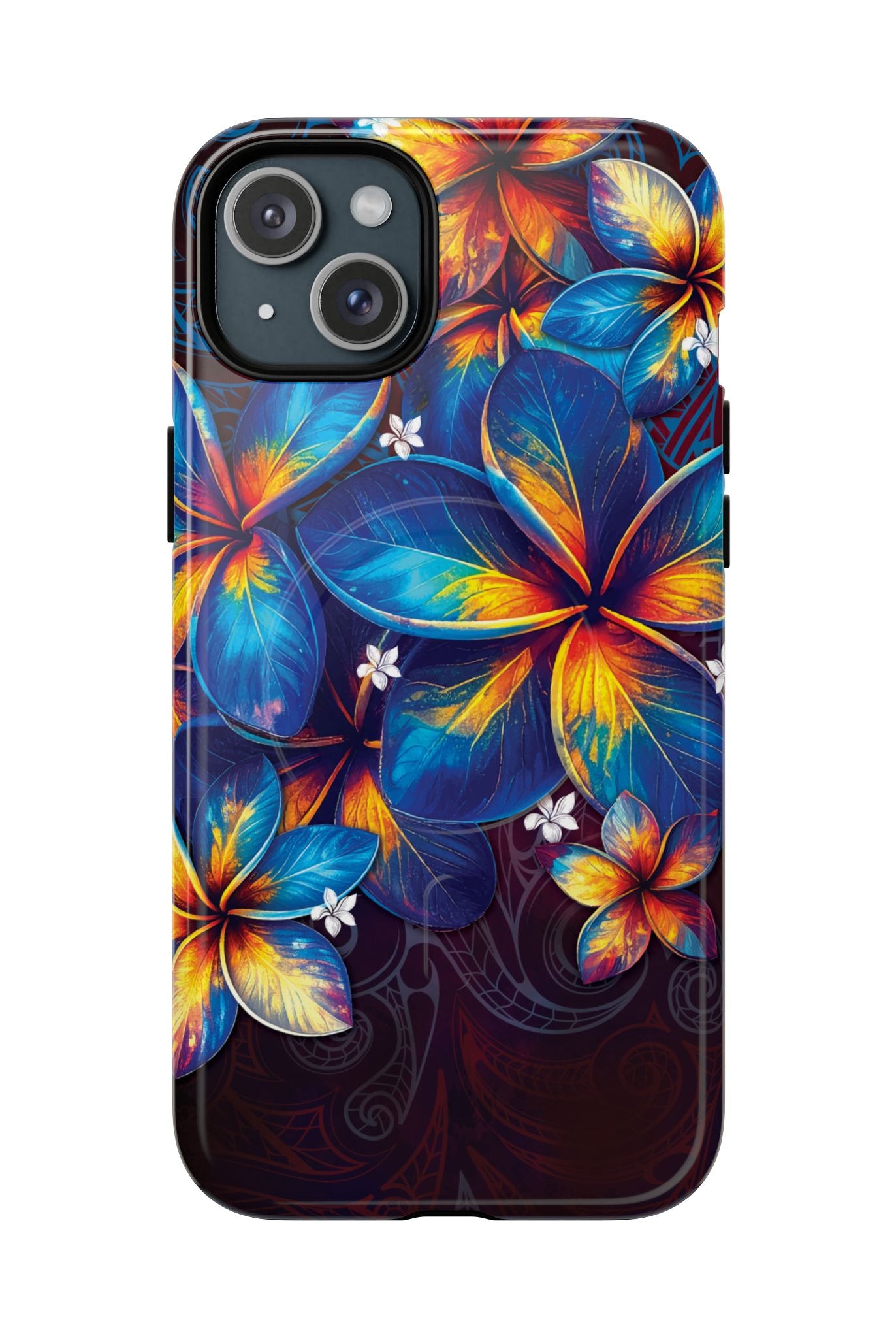 Nohea Twilight MagSafe iPhone Case iPhone 15 Plus Glossy - Hawaiian Blue Orange Plumeria Twilight Design - The Local Banyan
