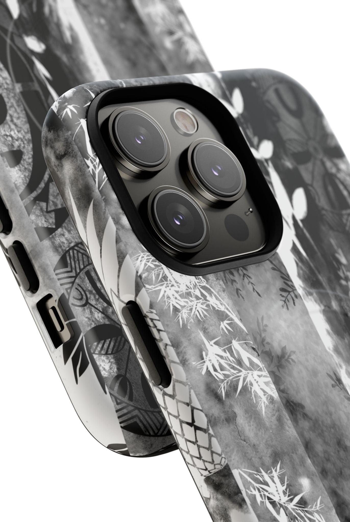 Monochrome Oasis MagSafe iPhone Case Detail View - Hawaiian Black White Botanical Tribal Design Close Up - The Local Banyan