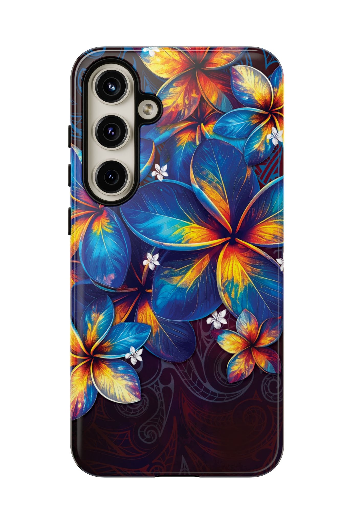 Woman holding Nohea Twilight Tough Samsung Galaxy Case - Hawaiian Blue Orange Plumeria Twilight Design - The Local Banyan