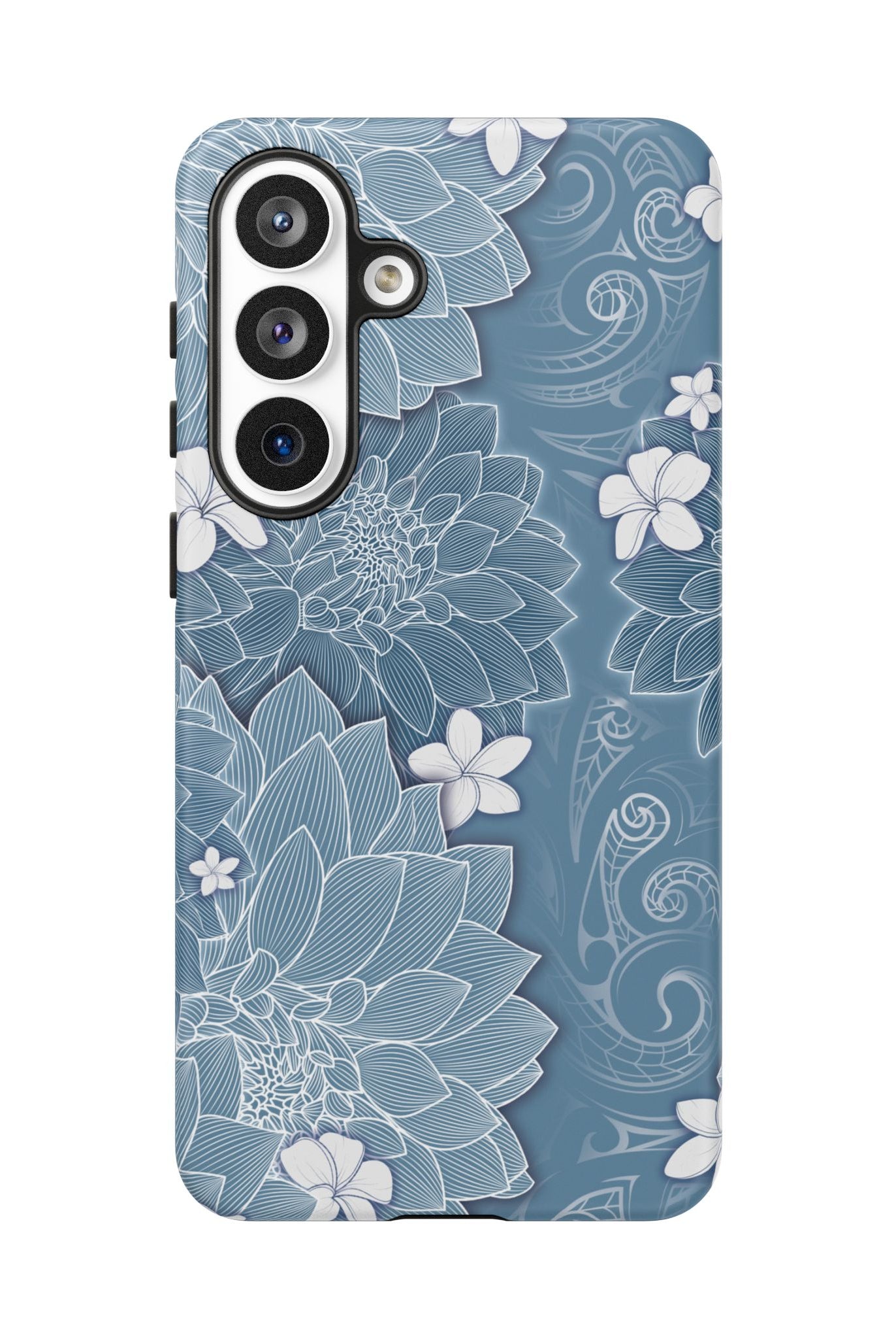 Woman holding Pua La Tough Samsung Galaxy Case - Hawaiian Golden Hibiscus Sun Flower Sapphire Design - The Local Banyan