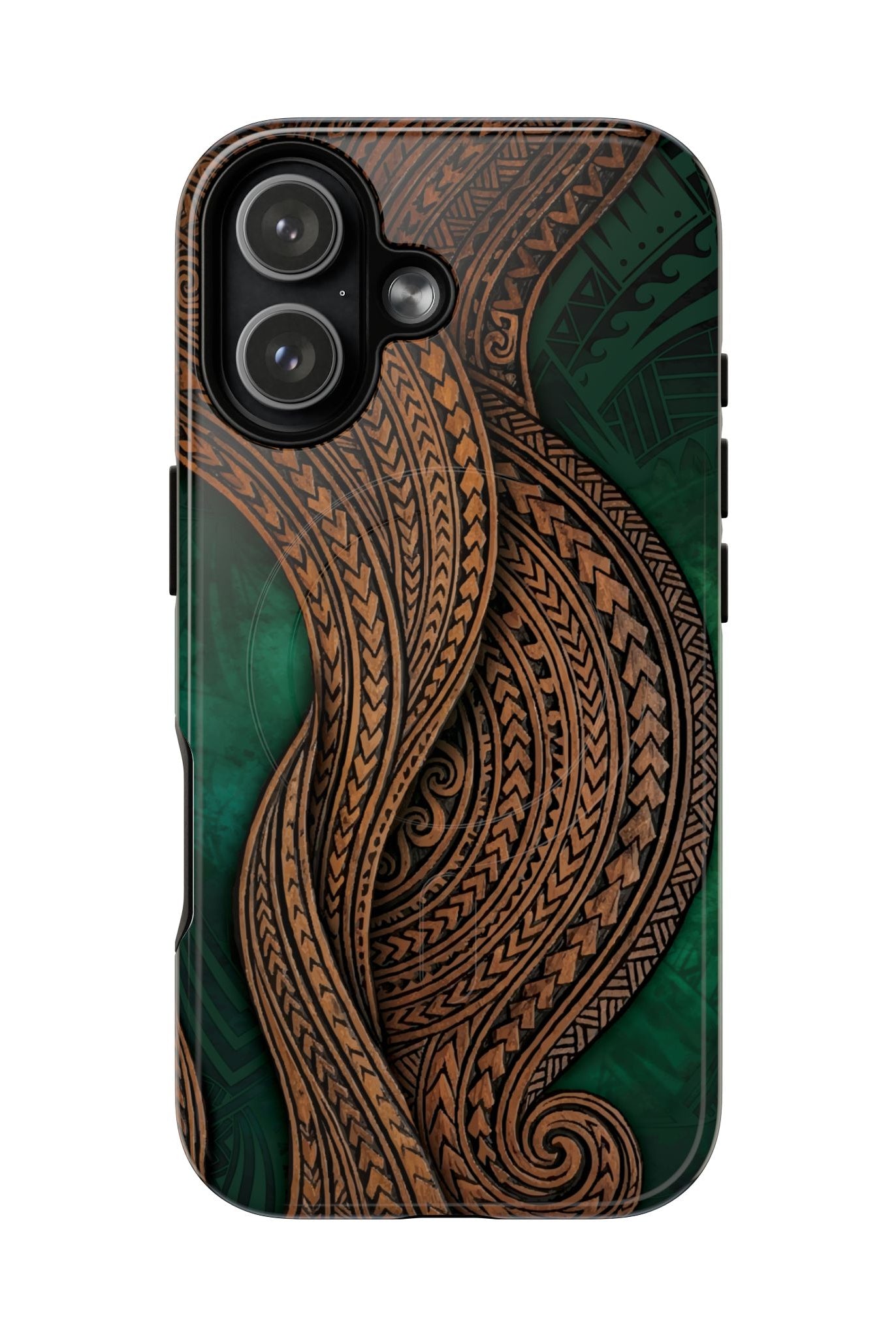 Island Kalai MagSafe iPhone Case iPhone 17 Glossy - Hawaiian Carved Wood Grain Emerald Green Tribal Design - The Local Banyan