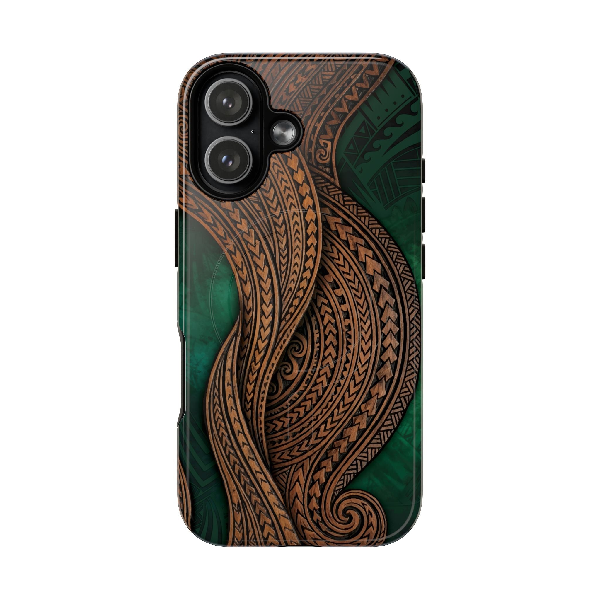 Island Kalai MagSafe iPhone Case iPhone 17 Glossy - Hawaiian Carved Wood Grain Emerald Green Tribal Design - The Local Banyan