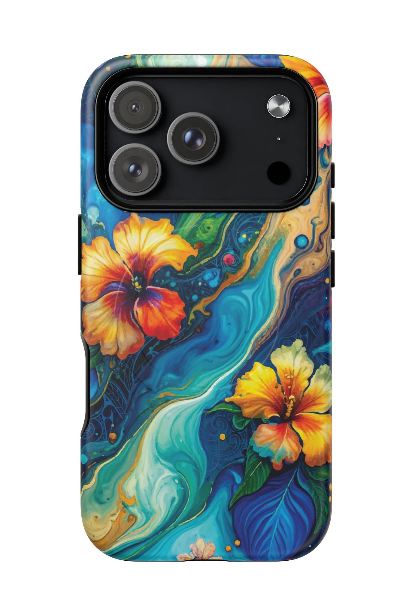 Woman holding Aloalo Drift MagSafe iPhone Case - Hawaiian Hibiscus Teal Ocean Wave Design - The Local Banyan
