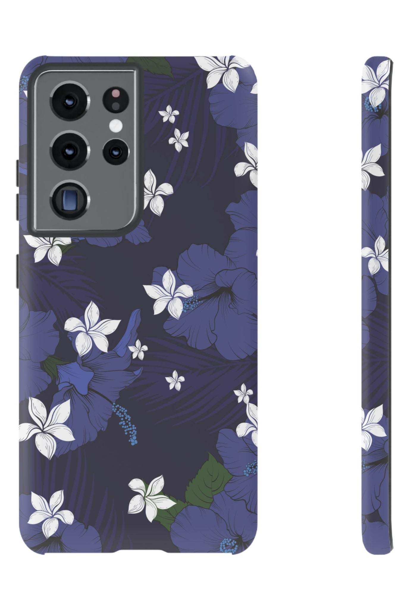 Vintage Blue Tough Samsung Galaxy Case Samsung Galaxy S21 Ultra Matte - Hawaiian Indigo Hibiscus White Plumeria Design - The Local Banyan