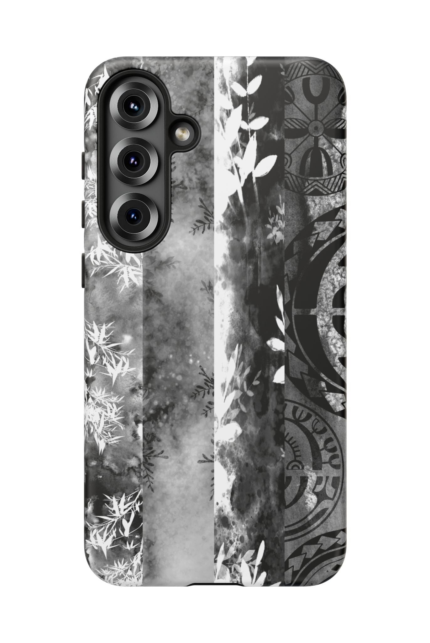Woman holding Monochrome Oasis Tough Samsung Galaxy Case - Hawaiian Black White Botanical Tribal Design - The Local Banyan