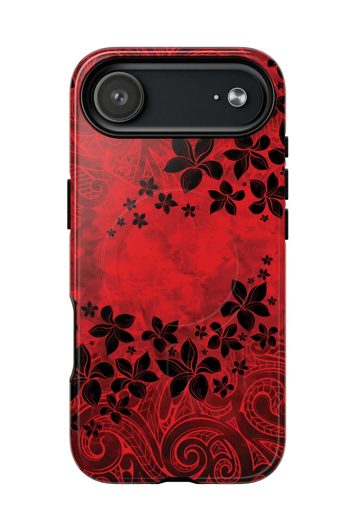 Woman holding Keahi Pua MagSafe iPhone Case - Hawaiian Fire Flower Red Tribal Floral Design - The Local Banyan