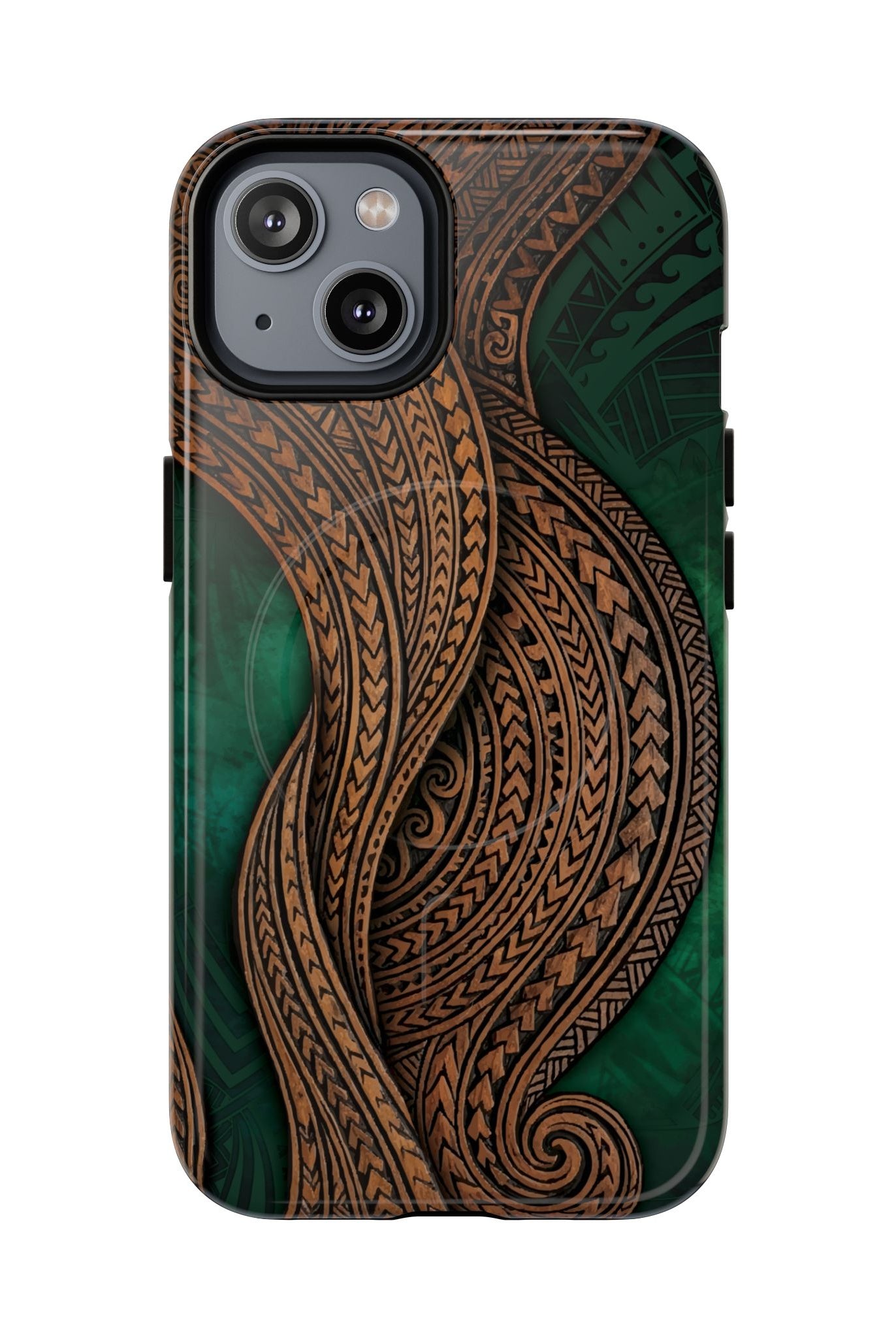Island Kalai MagSafe iPhone Case iPhone 14 Glossy - Hawaiian Carved Wood Grain Emerald Green Tribal Design - The Local Banyan