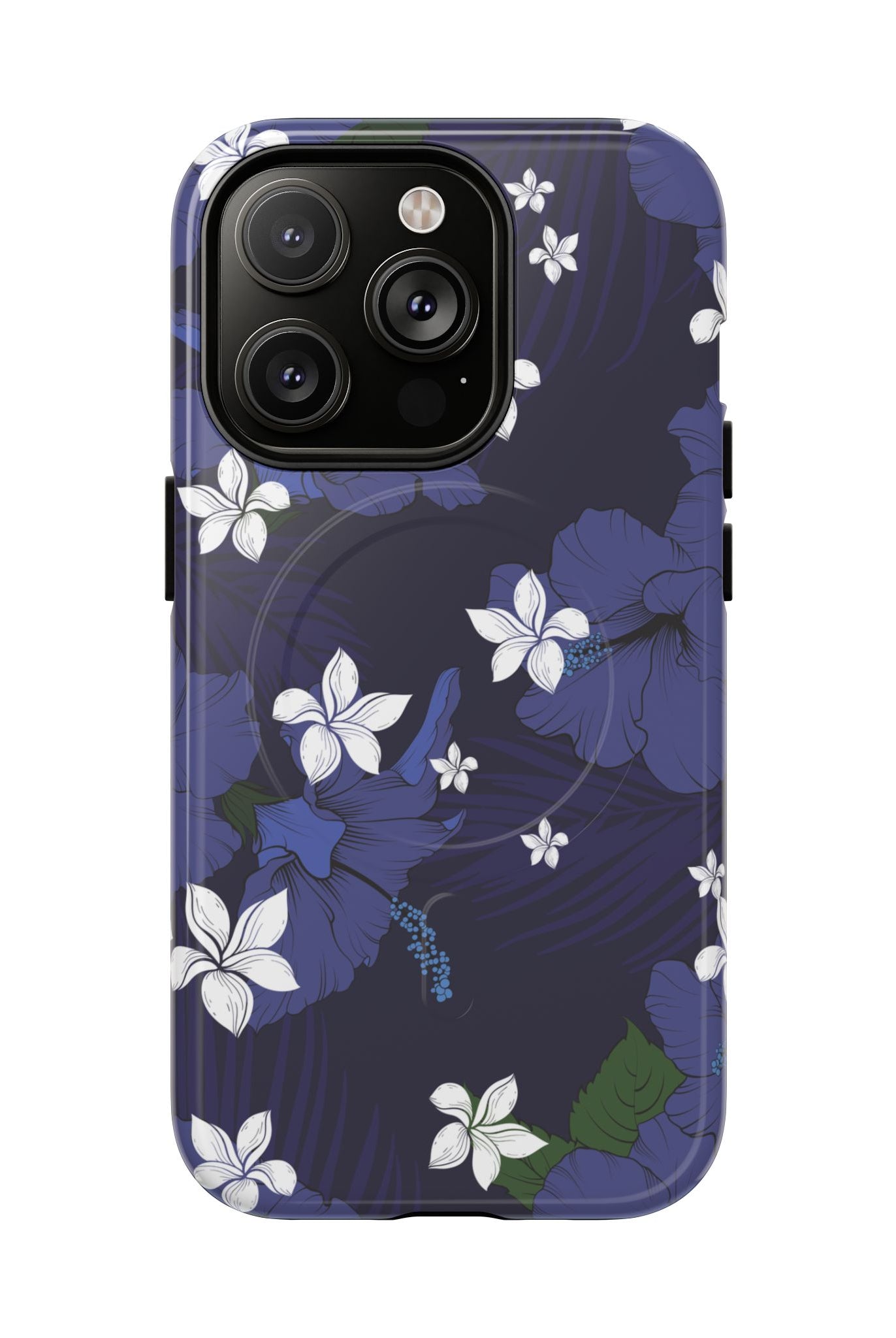 Vintage Blue MagSafe iPhone Case iPhone 14 Pro Glossy - Hawaiian Indigo Hibiscus White Plumeria Design - The Local Banyan