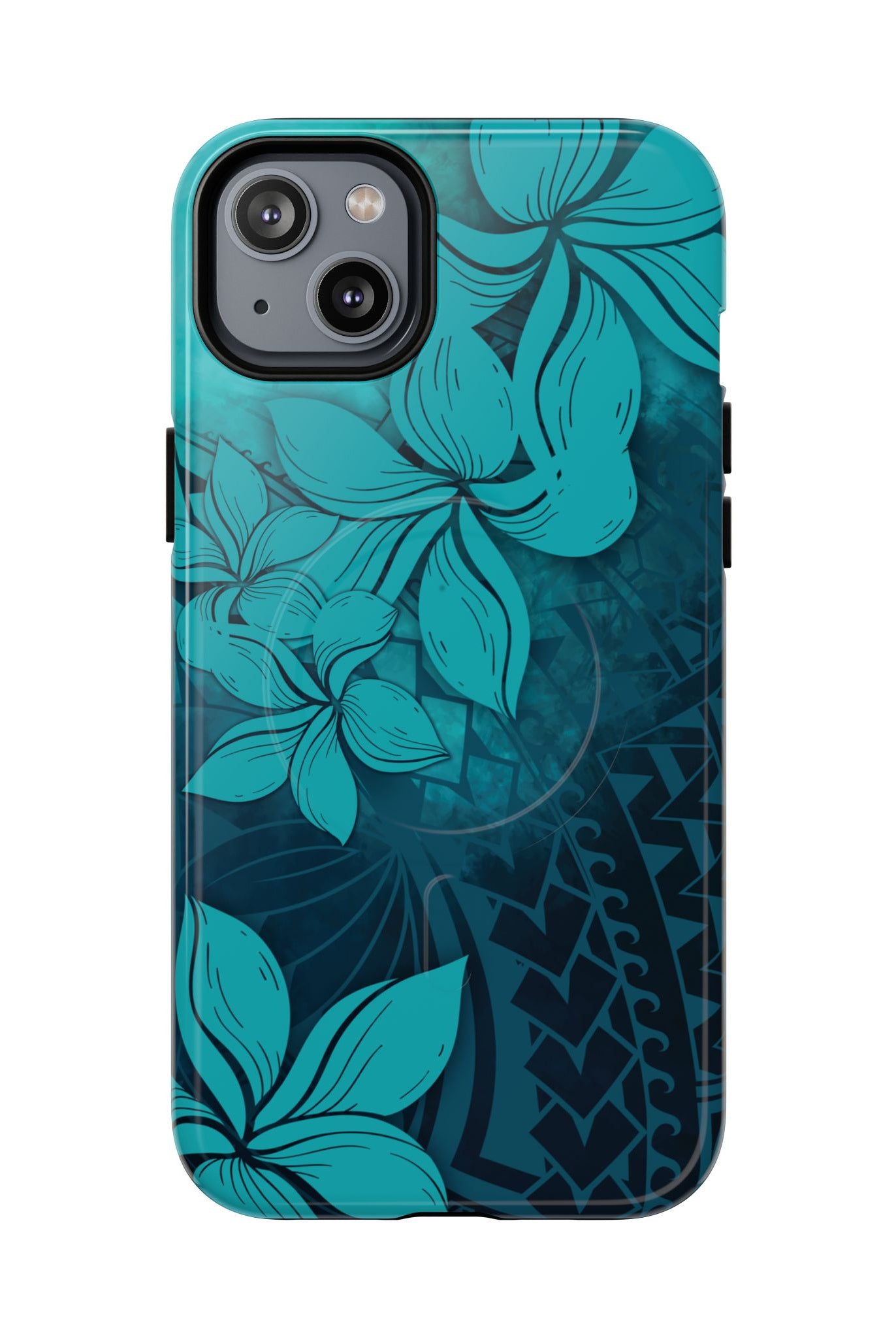 Moana Bloom MagSafe iPhone Case iPhone 14 Plus Glossy - Hawaiian Teal Plumeria Ocean Tribal Design - The Local Banyan
