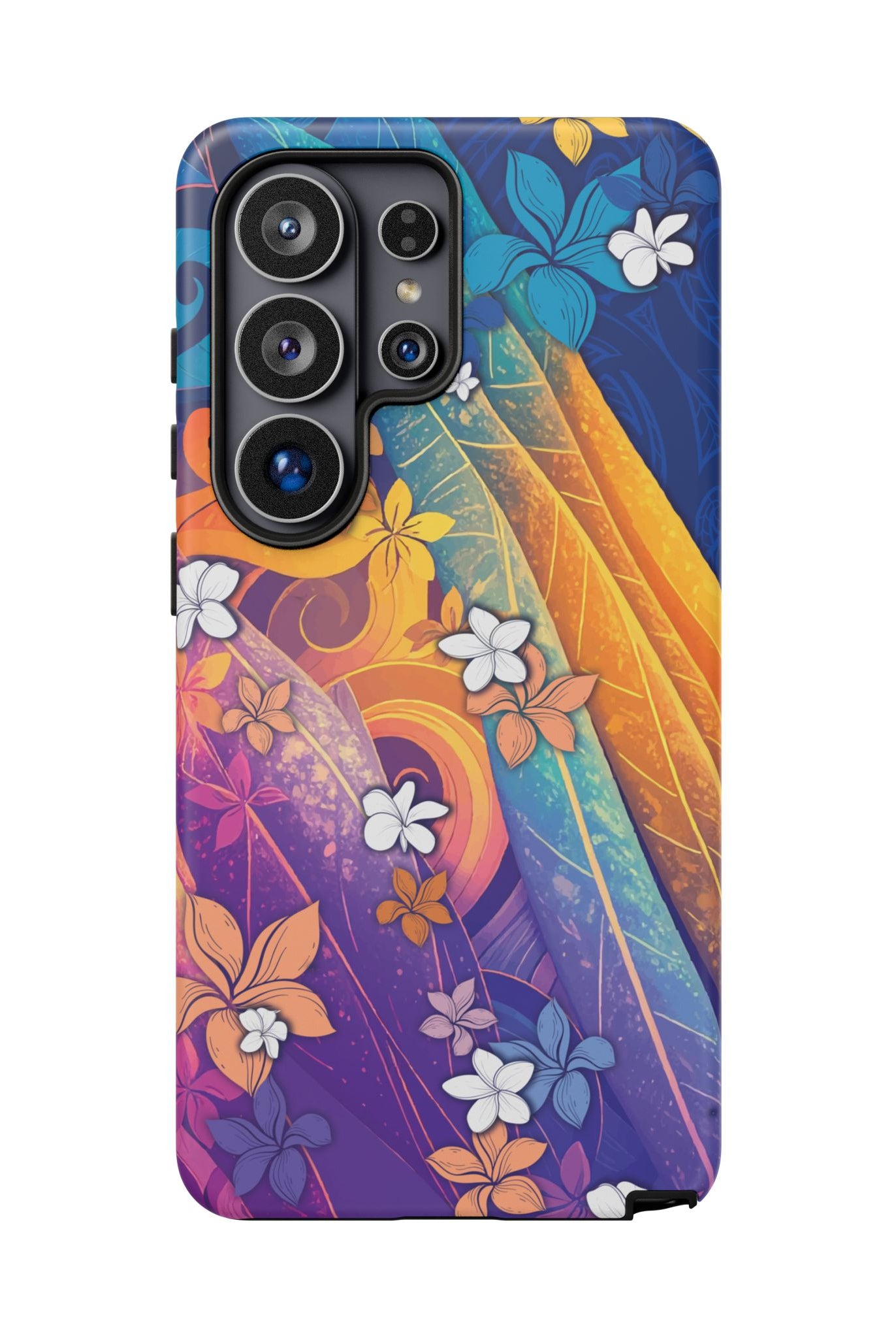 Woman holding Mauna Sunrise Tough Samsung Galaxy Case - Hawaiian Colorful Sunrise Plumeria Design - The Local Banyan