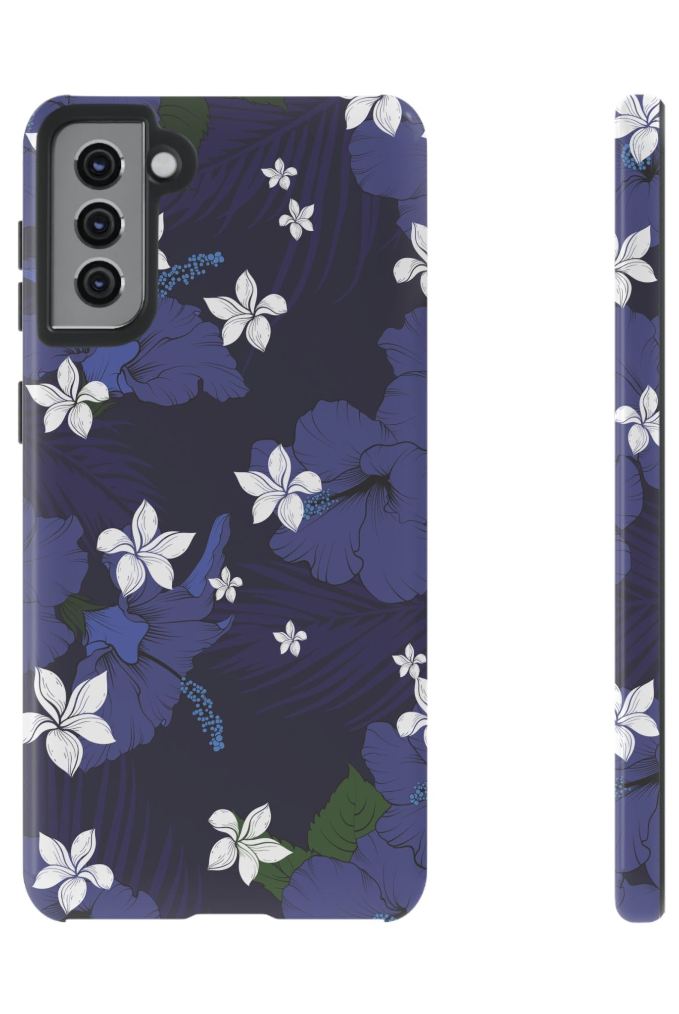 Vintage Blue Tough Samsung Galaxy Case Samsung Galaxy S21 Plus Glossy - Hawaiian Indigo Hibiscus White Plumeria Design - The Local Banyan