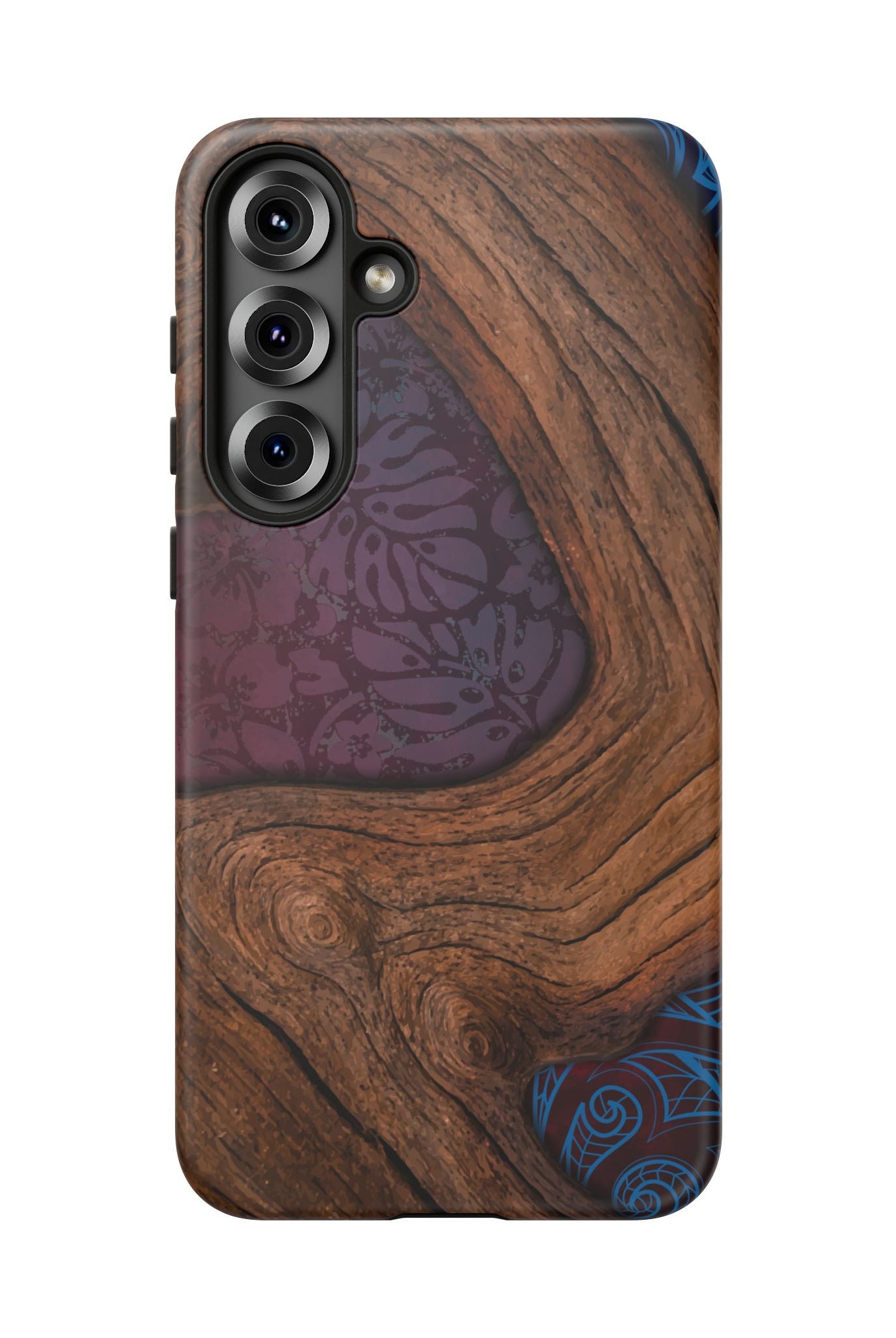 Woman holding Rooted Tough Samsung Galaxy Case - Hawaiian Koa Wood Island Strength Tribal Design - The Local Banyan