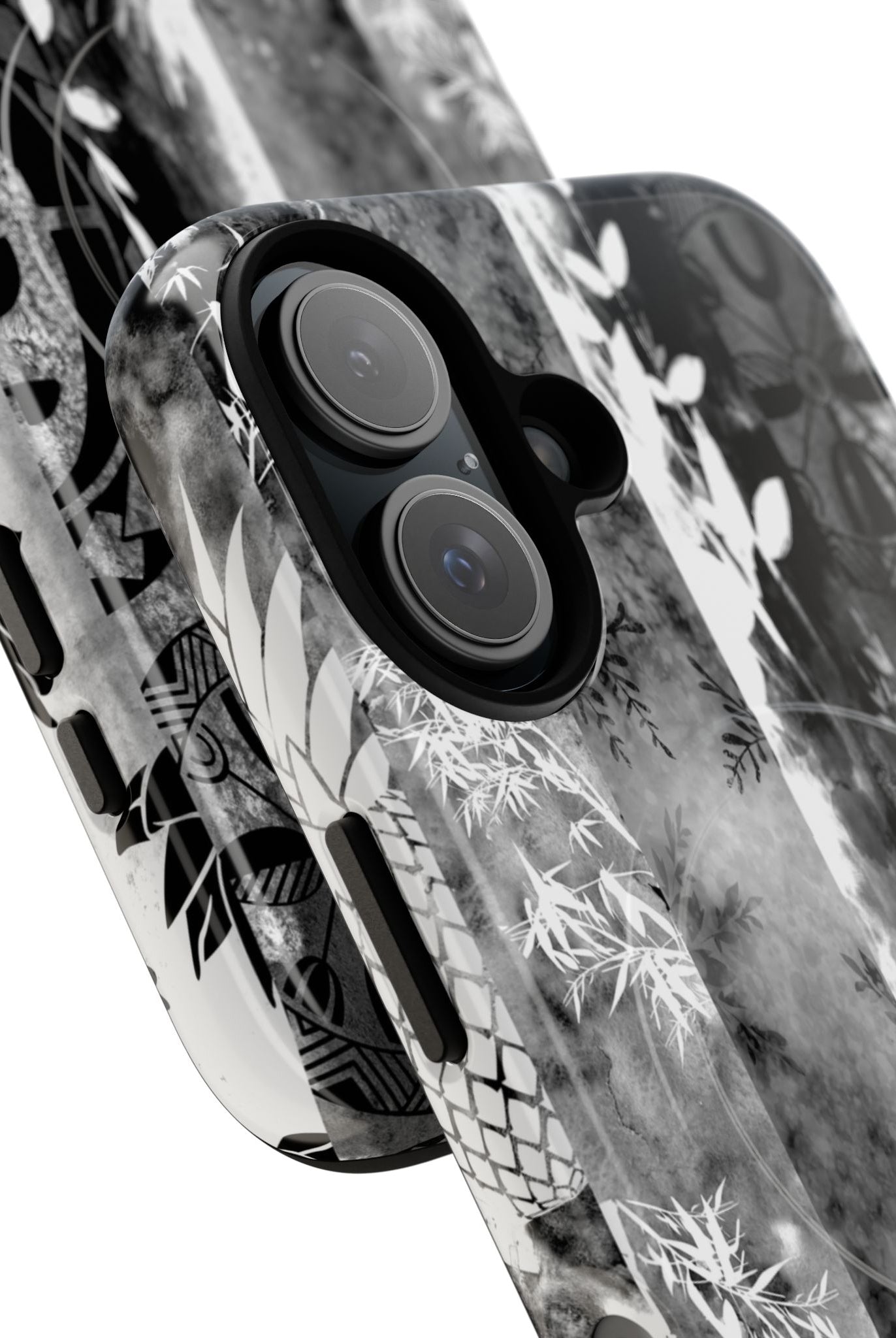 Woman holding Monochrome Oasis MagSafe iPhone Case - Hawaiian Black White Botanical Tribal Design - The Local Banyan