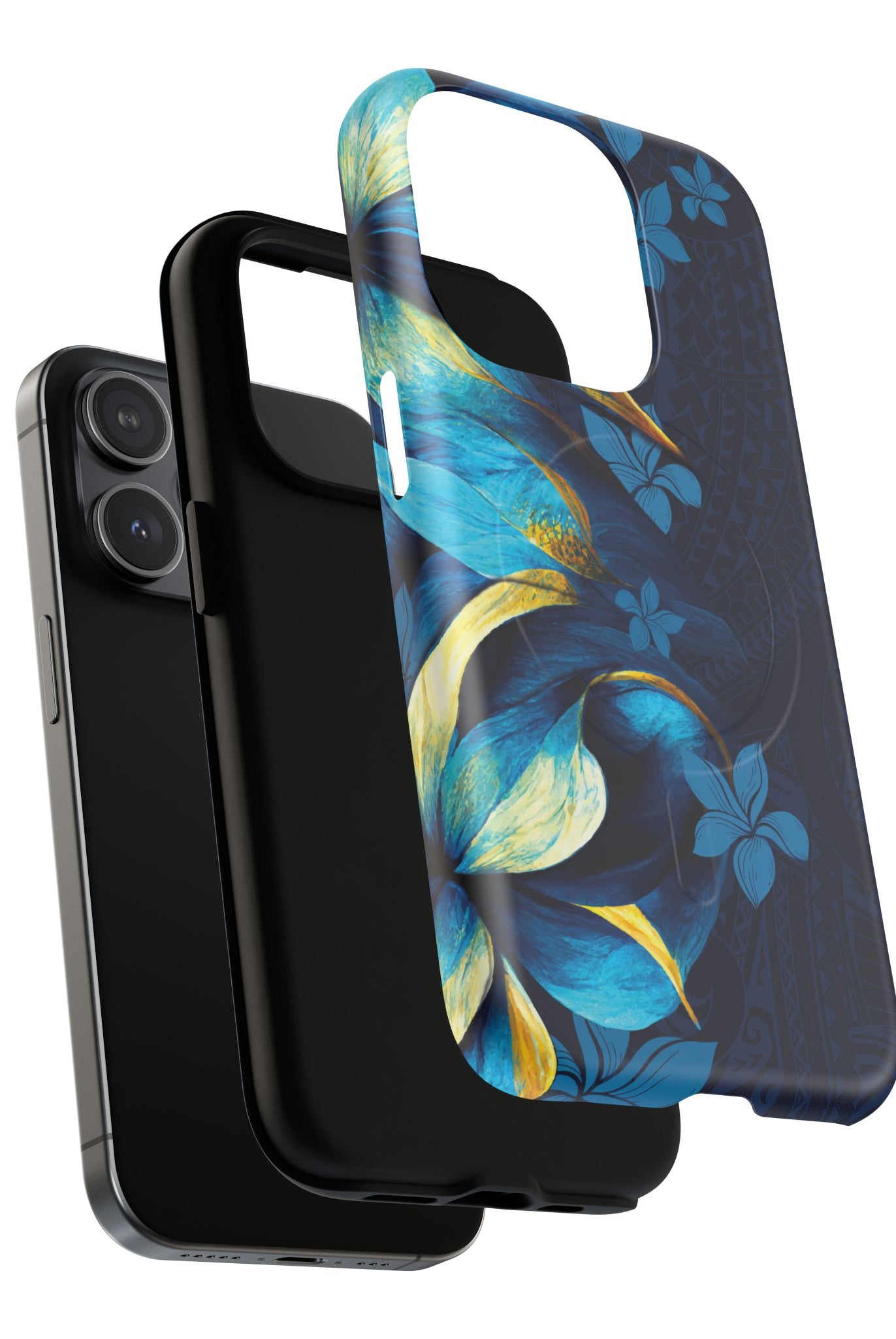 Woman holding Po Mahina MagSafe iPhone Case - Hawaiian Moonlit Teal Gold Floral Design - The Local Banyan