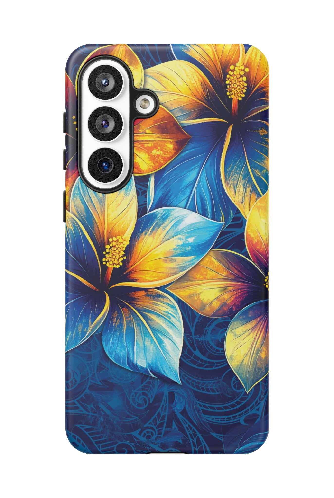 Woman holding Pua La Tough Samsung Galaxy Case - Hawaiian Golden Hibiscus Sun Flower Sapphire Design - The Local Banyan