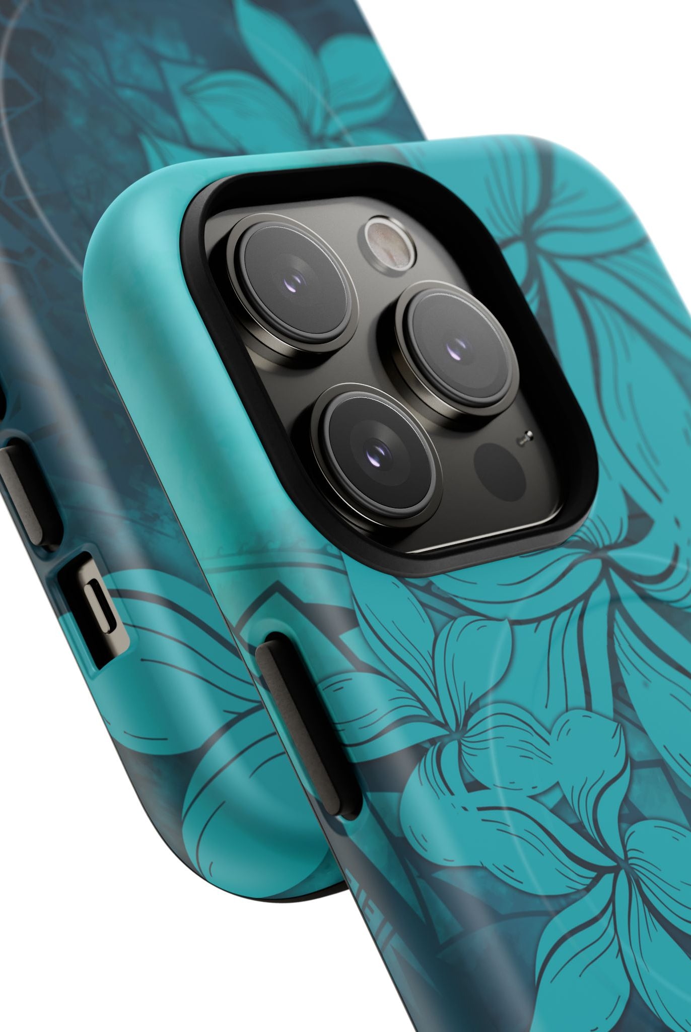 Woman holding Moana Bloom MagSafe iPhone Case - Hawaiian Teal Plumeria Ocean Tribal Design - The Local Banyan