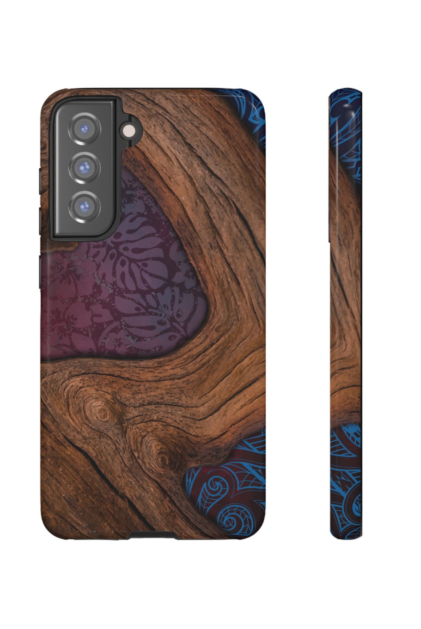 Rooted Tough Samsung Galaxy Case Samsung Galaxy S21 FE Glossy - Hawaiian Koa Wood Island Strength Tribal Design - The Local Banyan