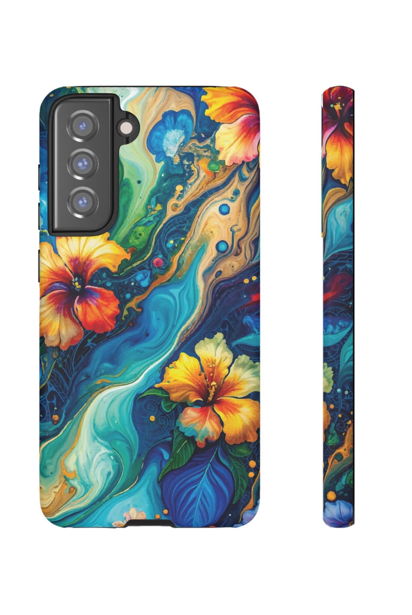 Aloalo Drift Tough Samsung Galaxy Case Samsung Galaxy S21 FE Matte - Hawaiian Hibiscus Teal Ocean Wave Design - The Local Banyan