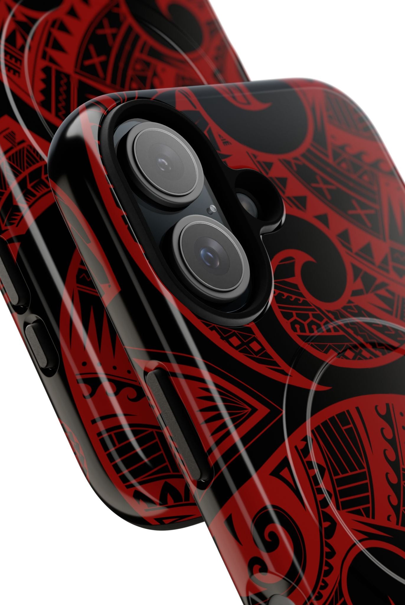 Woman holding Island Tribal MagSafe iPhone Case - Hawaiian Crimson Red Polynesian Tribal Design - The Local Banyan