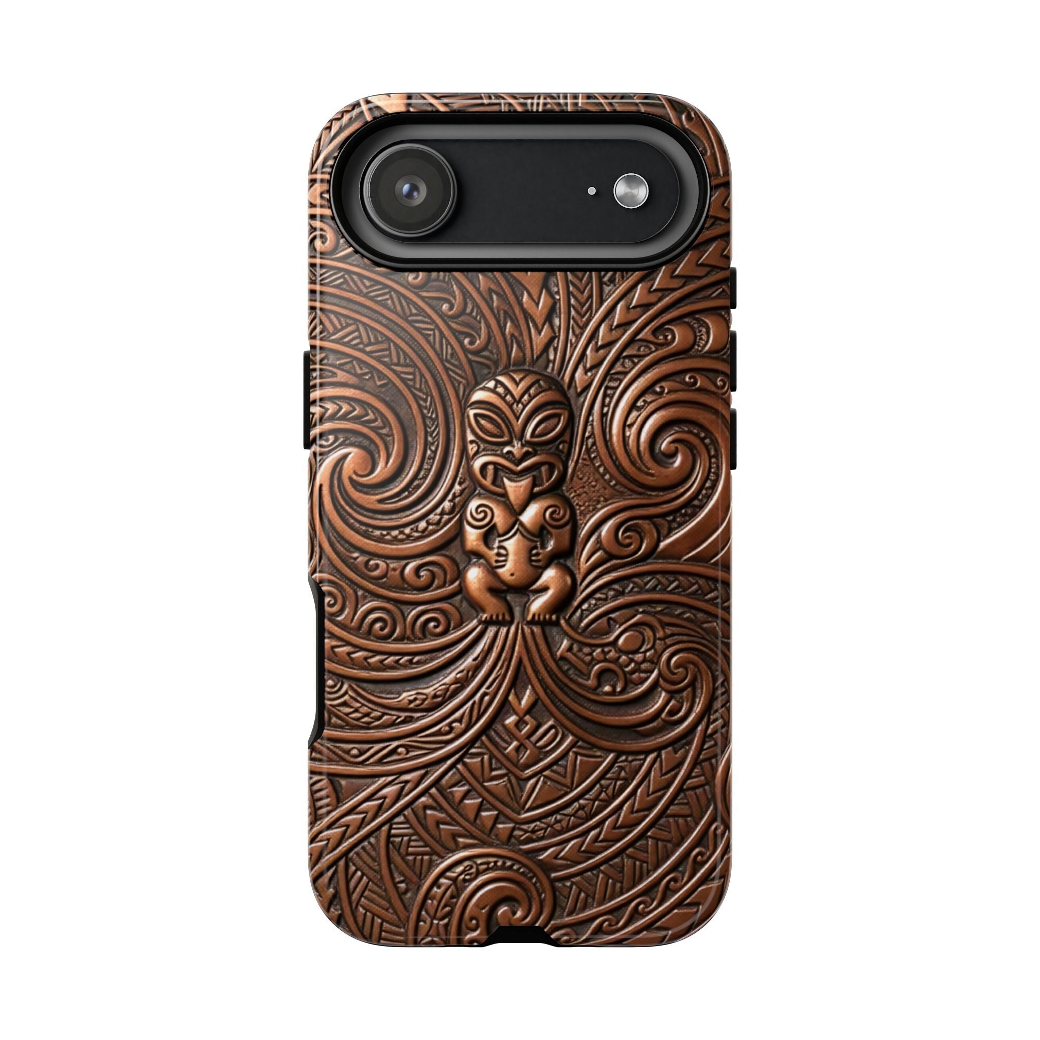 Woman holding Paa Guardian Tough iPhone Case - Hawaiian Copper Carved Tiki Polynesian Design - The Local Banyan