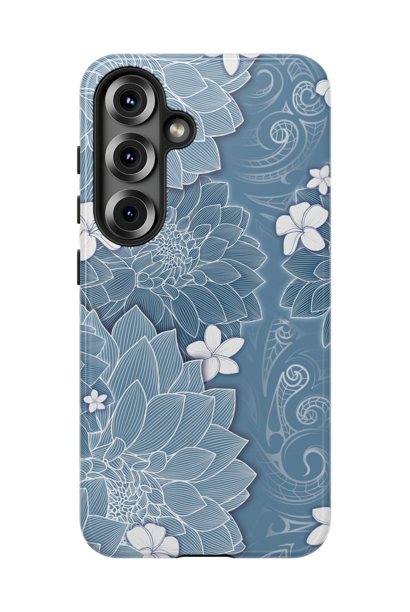 Woman holding Pua La Tough Samsung Galaxy Case - Hawaiian Golden Hibiscus Sun Flower Sapphire Design - The Local Banyan