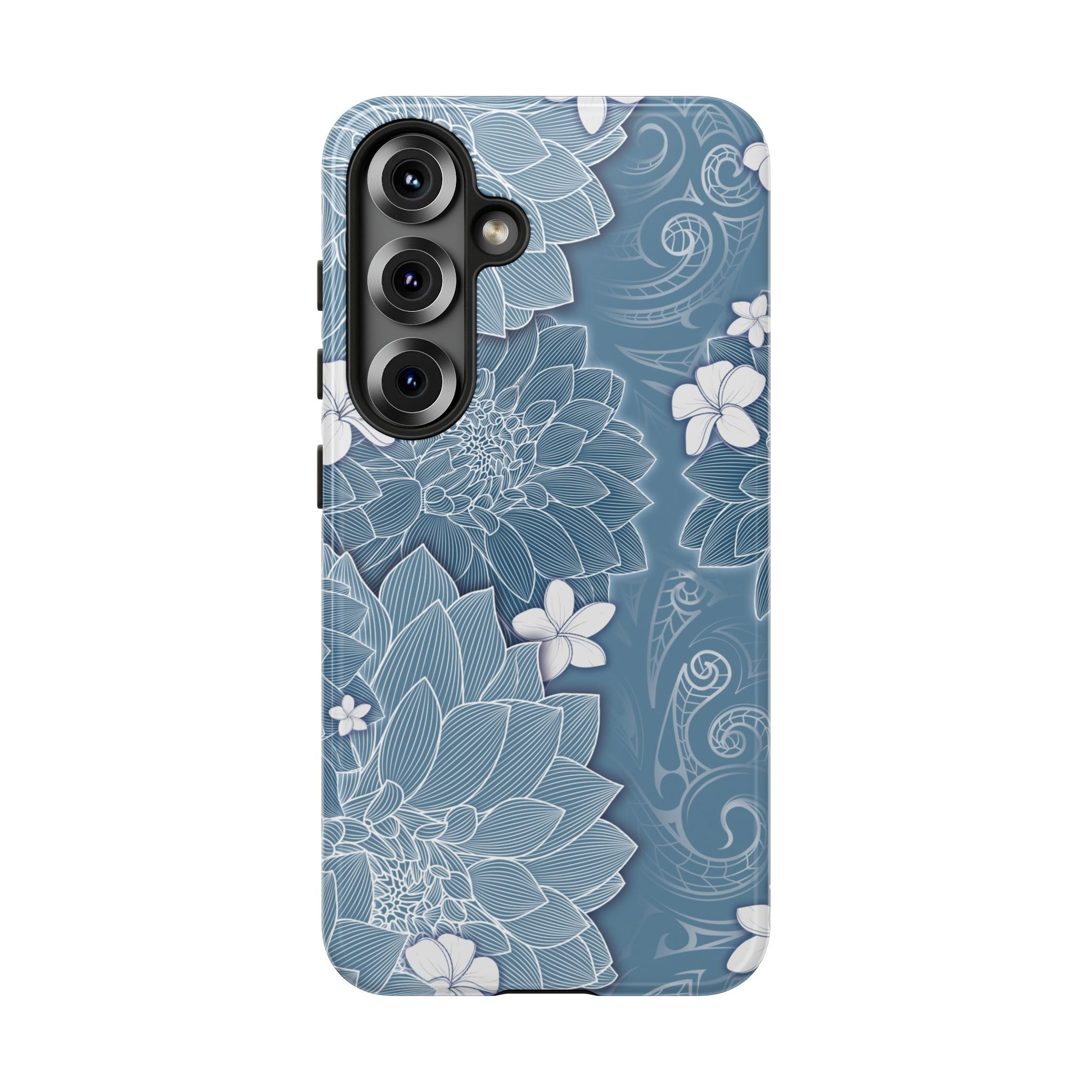 Woman holding Pua La Tough Samsung Galaxy Case - Hawaiian Golden Hibiscus Sun Flower Sapphire Design - The Local Banyan