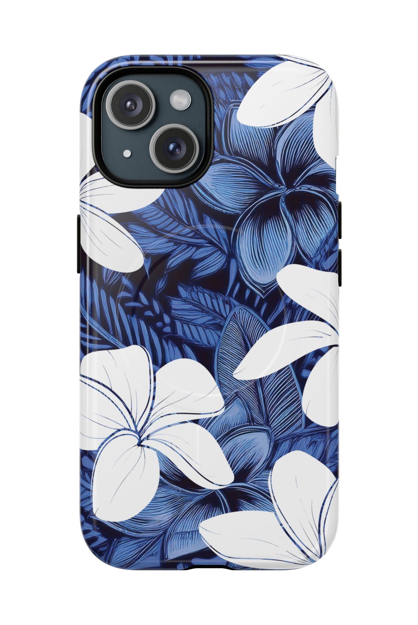 Eternal Blue Plumeria MagSafe iPhone Case iPhone 15 Glossy - Hawaiian Blue Plumeria Ocean Floral Design - The Local Banyan