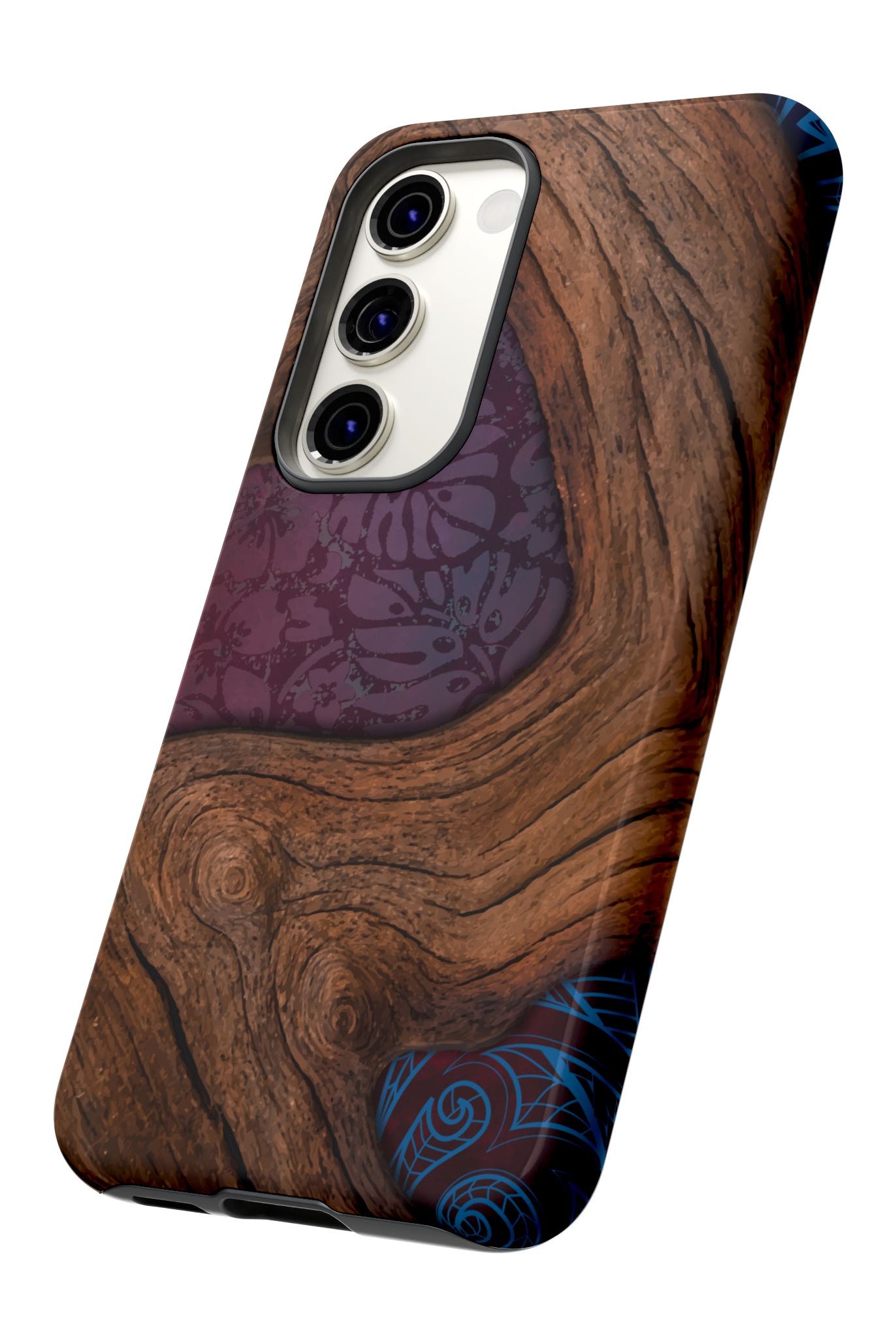 Woman holding Rooted Tough Samsung Galaxy Case - Hawaiian Koa Wood Island Strength Tribal Design - The Local Banyan