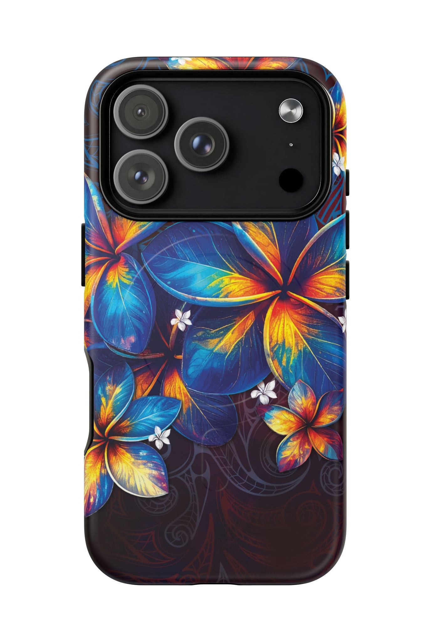 Nohea Twilight MagSafe iPhone Case Detail View - Hawaiian Blue Orange Plumeria Twilight Design Close Up - The Local Banyan