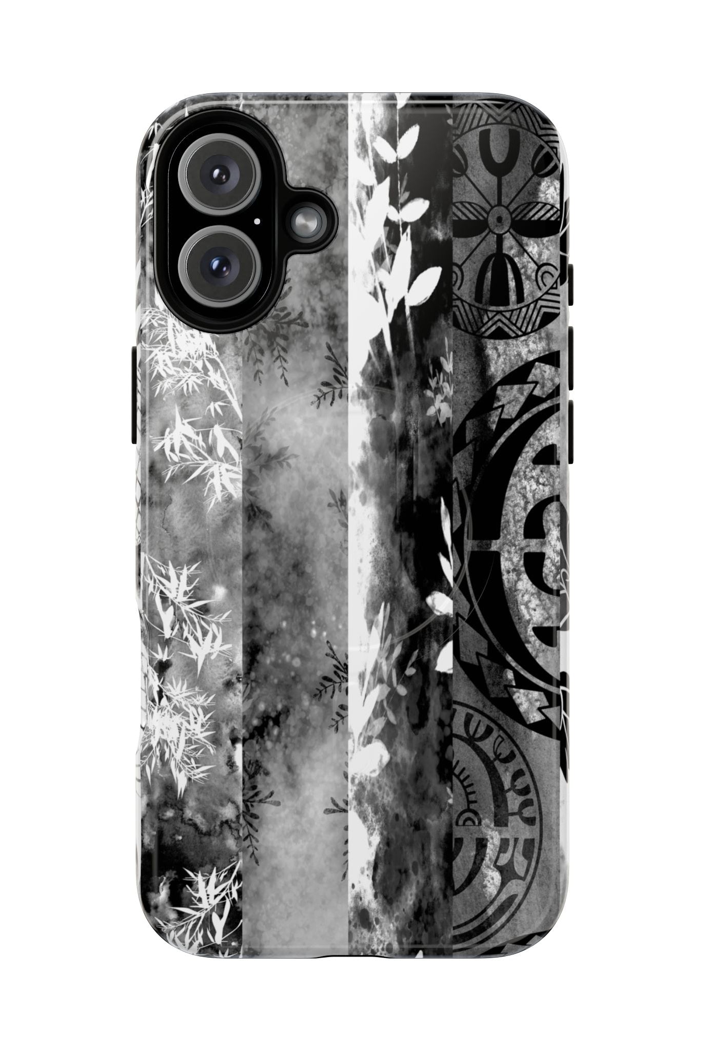 Monochrome Oasis MagSafe iPhone Case iPhone 16 Plus Glossy - Hawaiian Black White Botanical Tribal Design - The Local Banyan