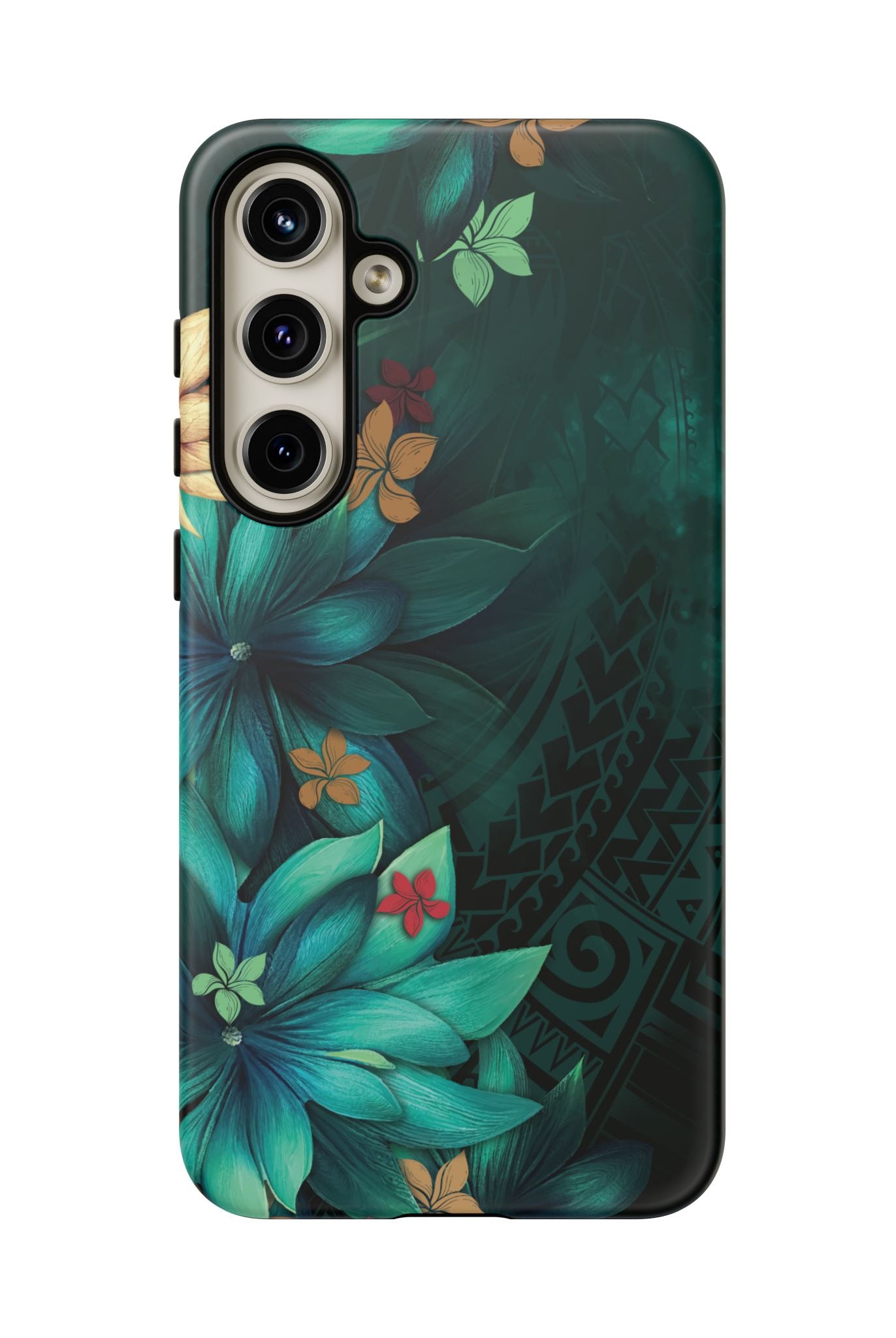 Woman holding Aloha Whispers Tough Samsung Galaxy Case - Hawaiian Abstract Green Floral Polynesian Design - The Local Banyan