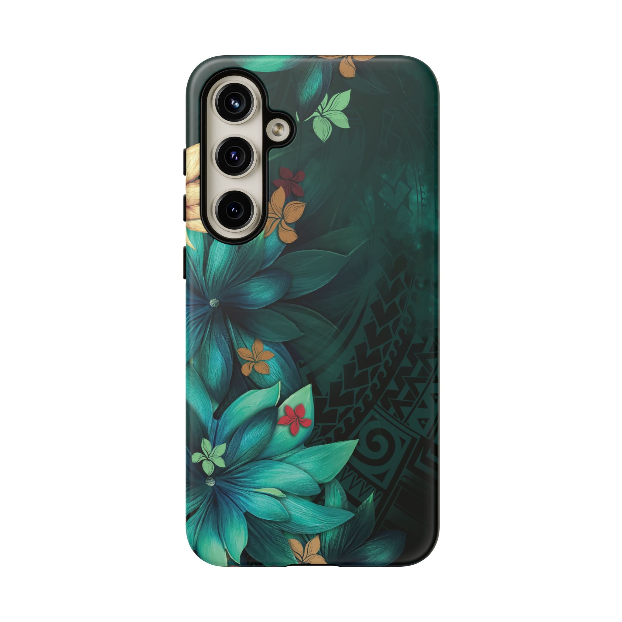 Woman holding Aloha Whispers Tough Samsung Galaxy Case - Hawaiian Abstract Green Floral Polynesian Design - The Local Banyan