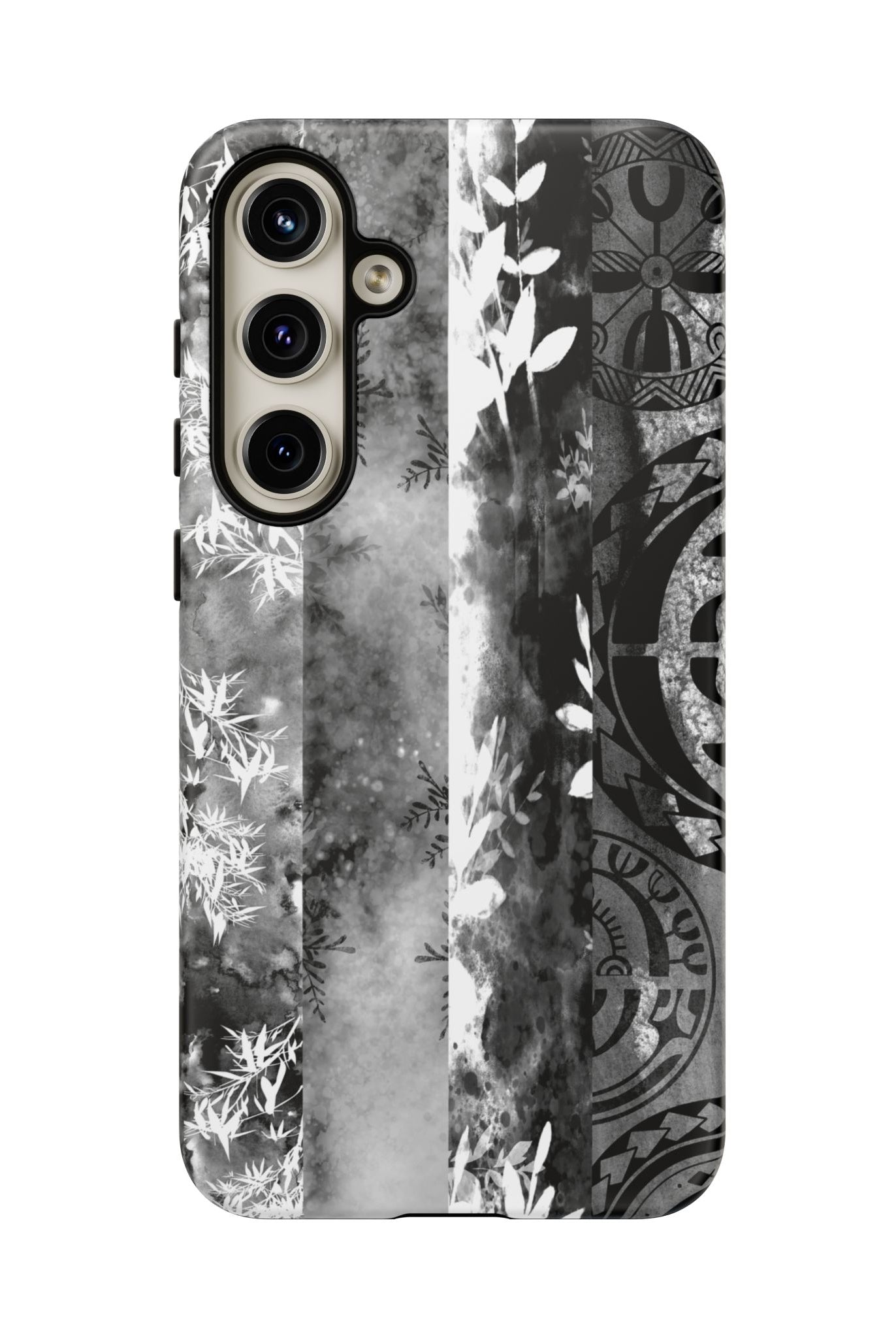 Woman holding Monochrome Oasis Tough Samsung Galaxy Case - Hawaiian Black White Botanical Tribal Design - The Local Banyan